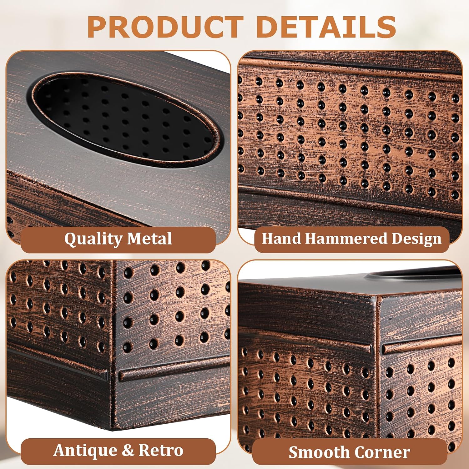 Sumnacon Rectangular Tissue Box Cover, Antique Hand Hammered Metal Tissue Holder, Decorative Facial Napkin Dispenser for Vanity Table Counter, Vintage Tissues Box Organizer for Home Office Bathroom