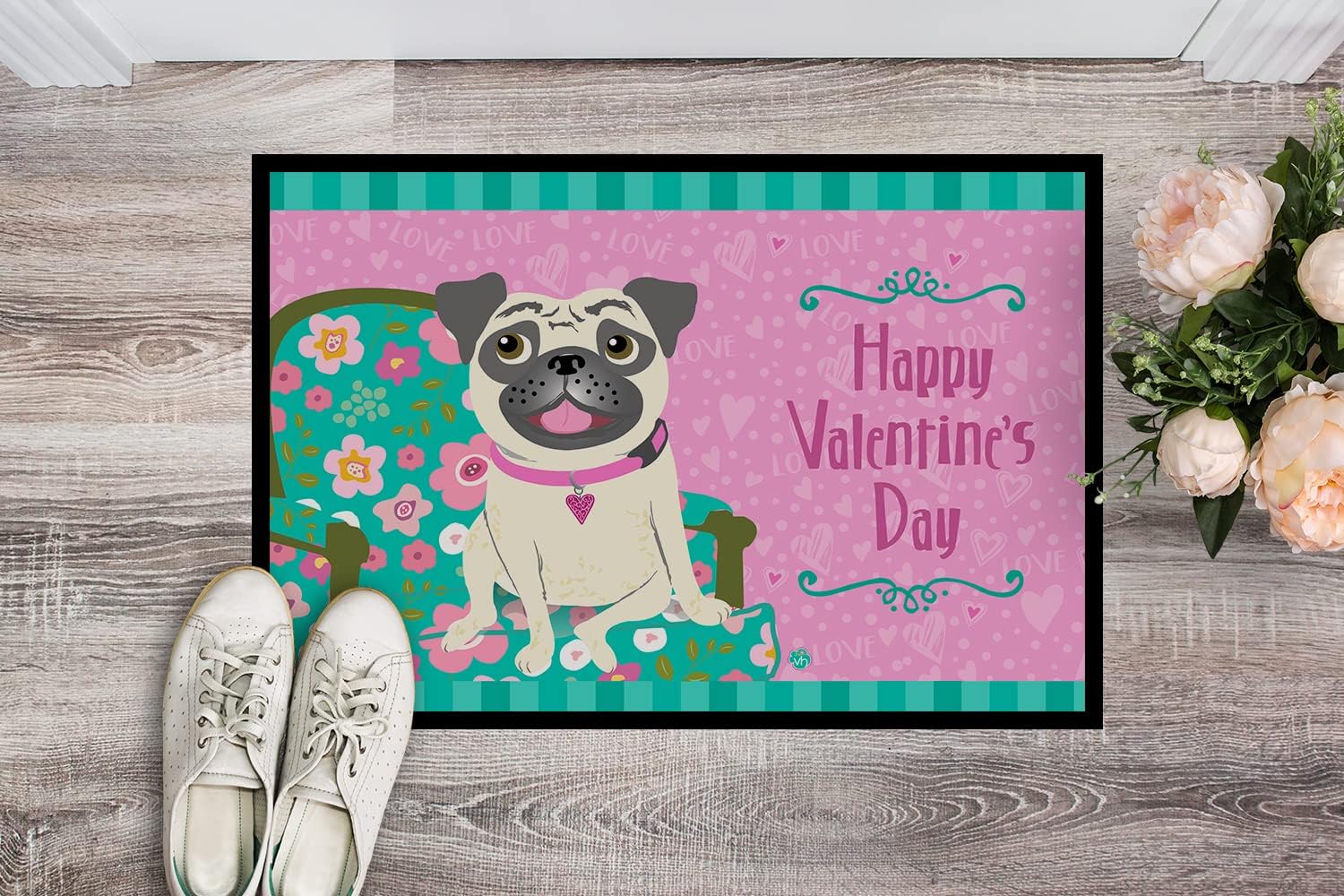 Caroline's Treasures VHA3002MAT Happy Valentine's Day Pug Doormat 18x27 Front Door Mat Indoor Outdoor Rugs for Entryway, Non Slip Washable Low Pile, 18H X 27W