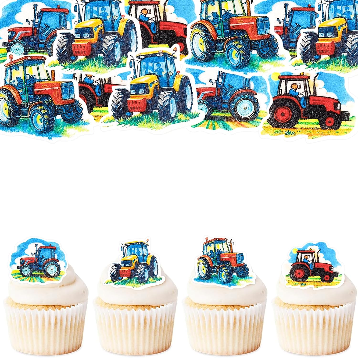 ENLACE Pack of 56 Edible Cake Decorations Tractor Cupcake Toppers Farm Birthday Decoration Tractor Decoration Edible Farm Cake Decoration Car Edible Paper Cake Decoration Boy for Baby Shower Birthday