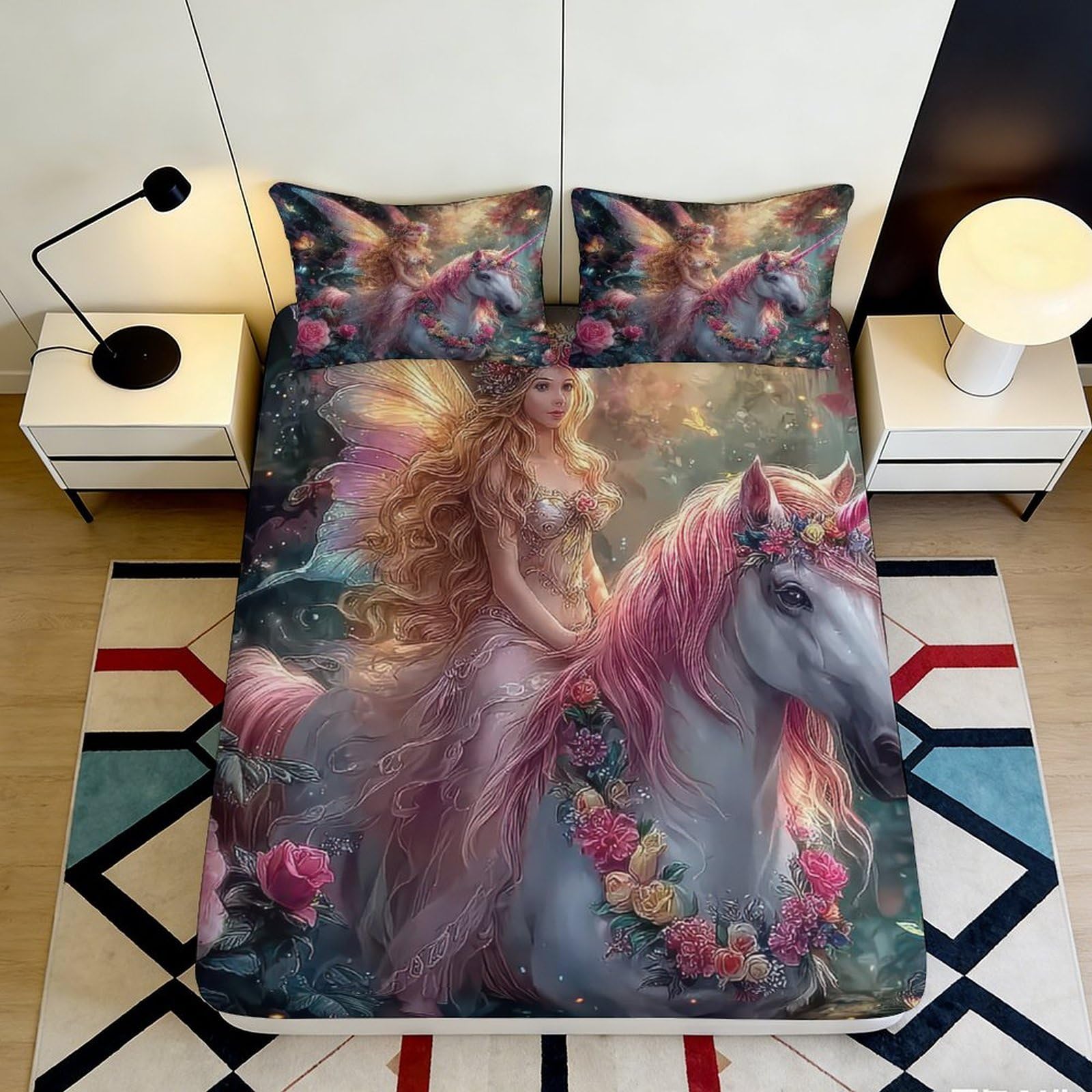 3D Printed Fantasy Fairy Unicorn Fitted Sheet Microfiber Anti-Slip Pink Dream Bed Cover for Bedroom Decor 140x200x25cm