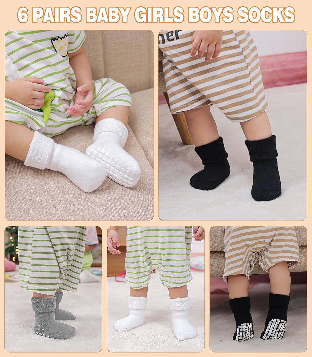 LANLEO Baby Girls Boys Non Slip Socks with Grips Toddler Kids Unisex Warm Thick Cotton Ankle Crew Socks with Grippers - Image 3