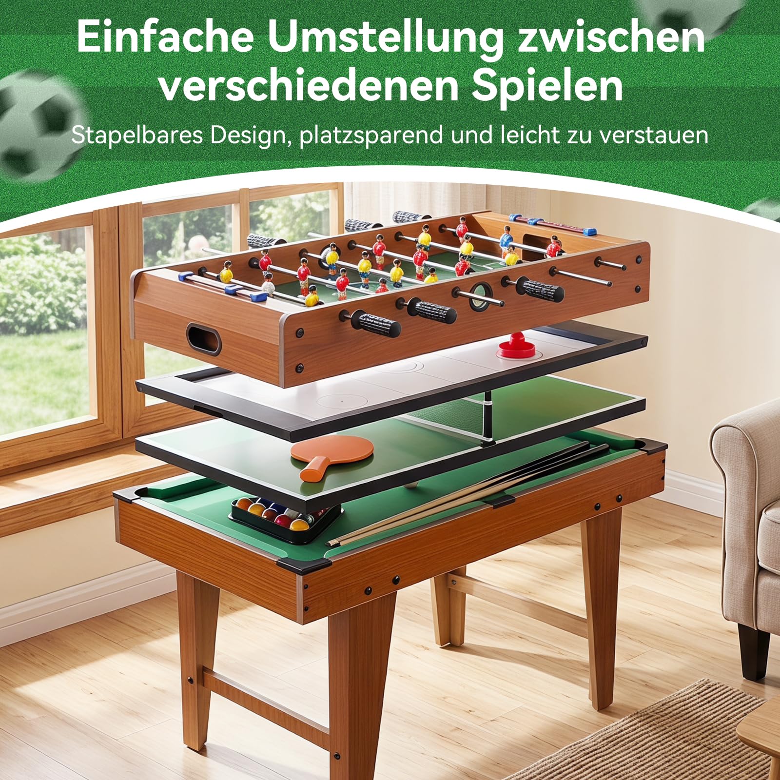 4-in-1 Multi Game Table, Tischkicker Kickertisch for Kids and Adults