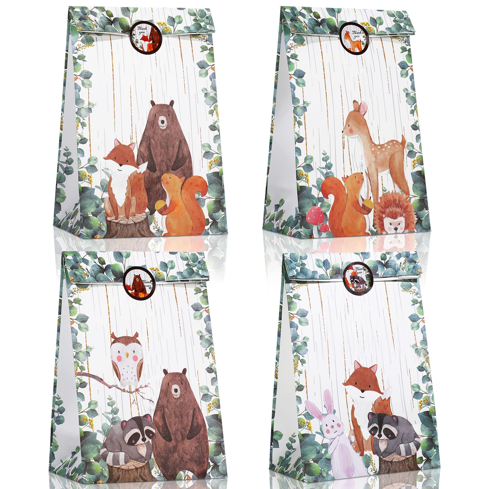 Containlol 24 Pieces Woodland Baby Shower Party Favor Gift Bags with Stickers Woodland Animal Themed Goodie Candy Bags for Kids Birthday Decorations Supplies