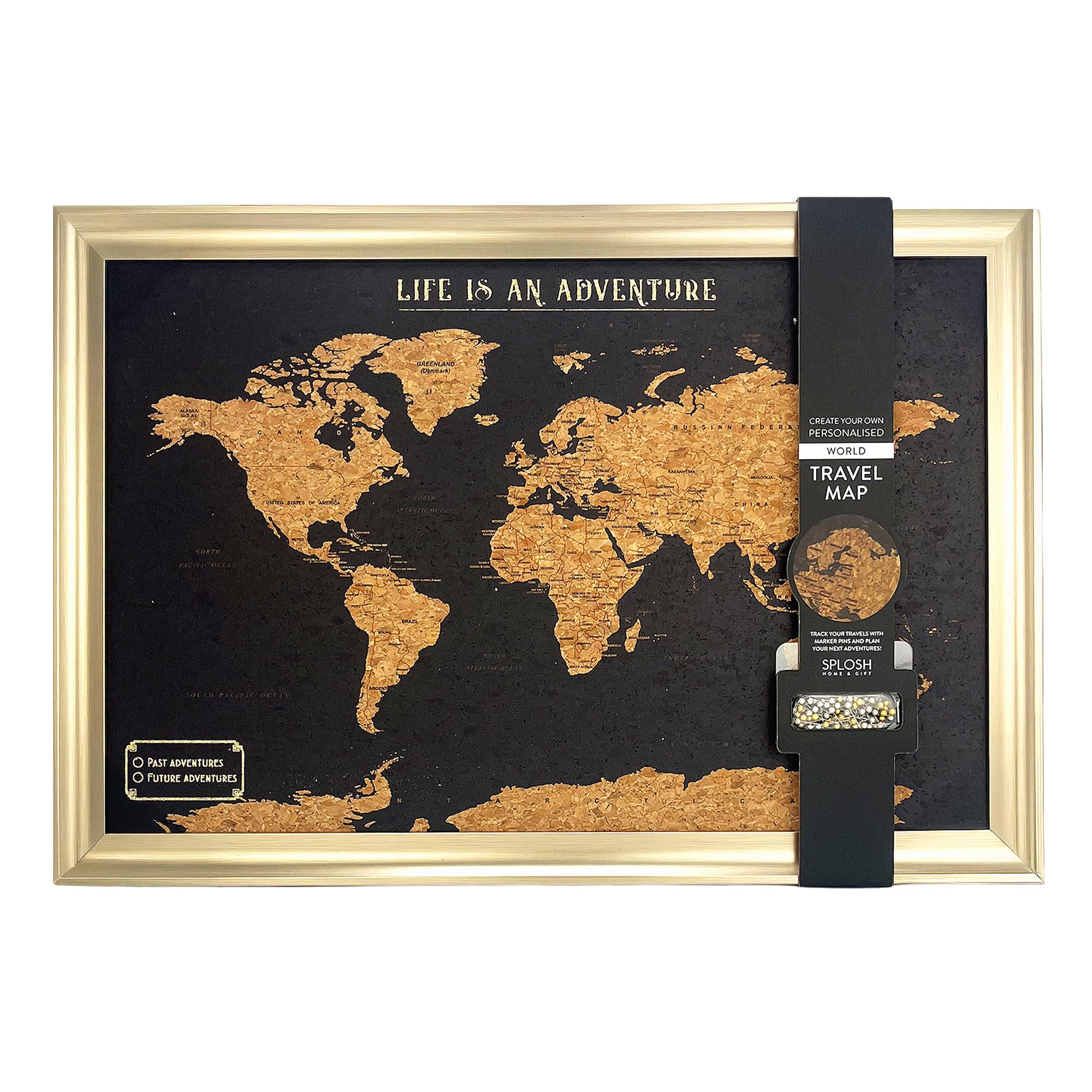 Splosh World Travel Map with Pins – Black Cork with Gold Frame Medium Size Wall Travel Tracker Bucket List Gift with 100 Push Pins for Marking Past and Future Adventures 54 x 77 cm