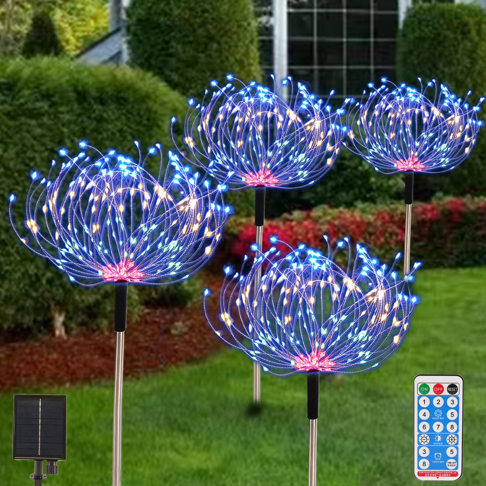 4 Pack Solar Garden Lights Outdoor Led Fireworks Street Lights Solar Powered, Waterproof Outdoor Lights 8 Lighting Modes with Remote Control for Patio Christmas Party Yard Decoration