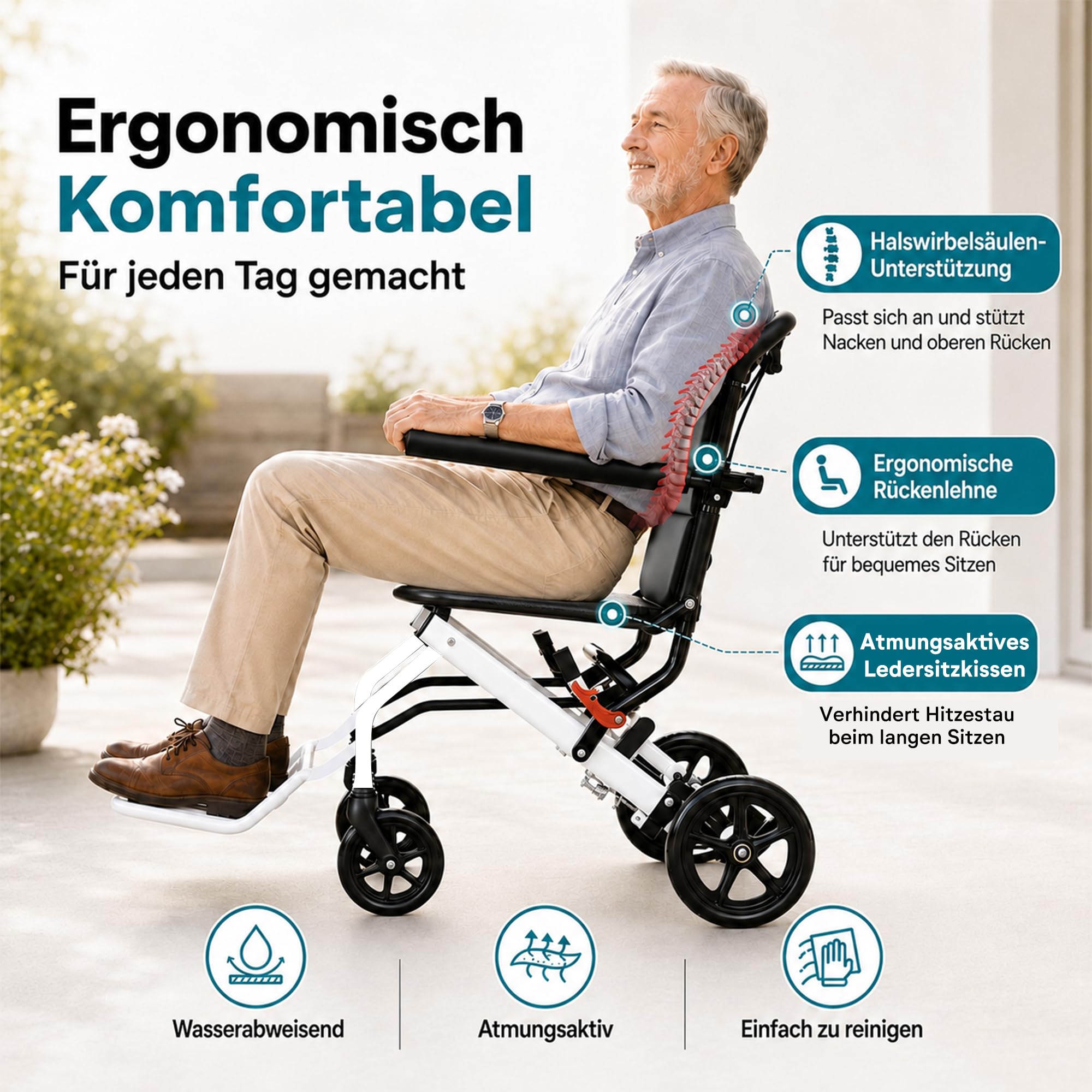 Silla de ruedas plegable ultraligera con frenos, capacidad de carga de 100 kg, silla de ruedas de aleación de acero al carbono, ideal para menores de 180 cm de grosor y ancianos, asiento de 40 cm
