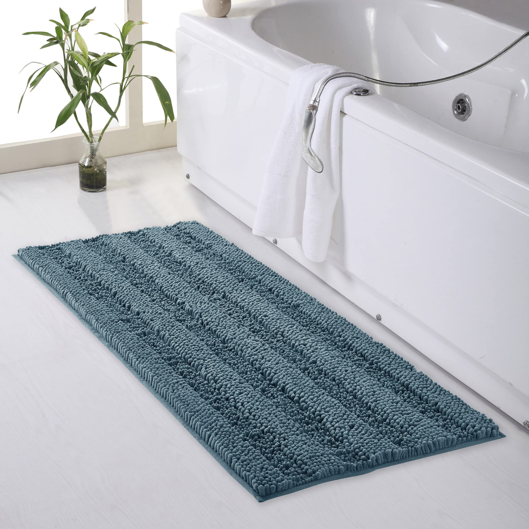 KGORGE Water Absorbent Bathroom Rugs - Quick Drying Non-Slip Thick Shaggy Chenile Bathtub Set for Toilet Kitchen Entryway Gifts Decorations, Arctic Blue, 47" x 24", 1 Pc