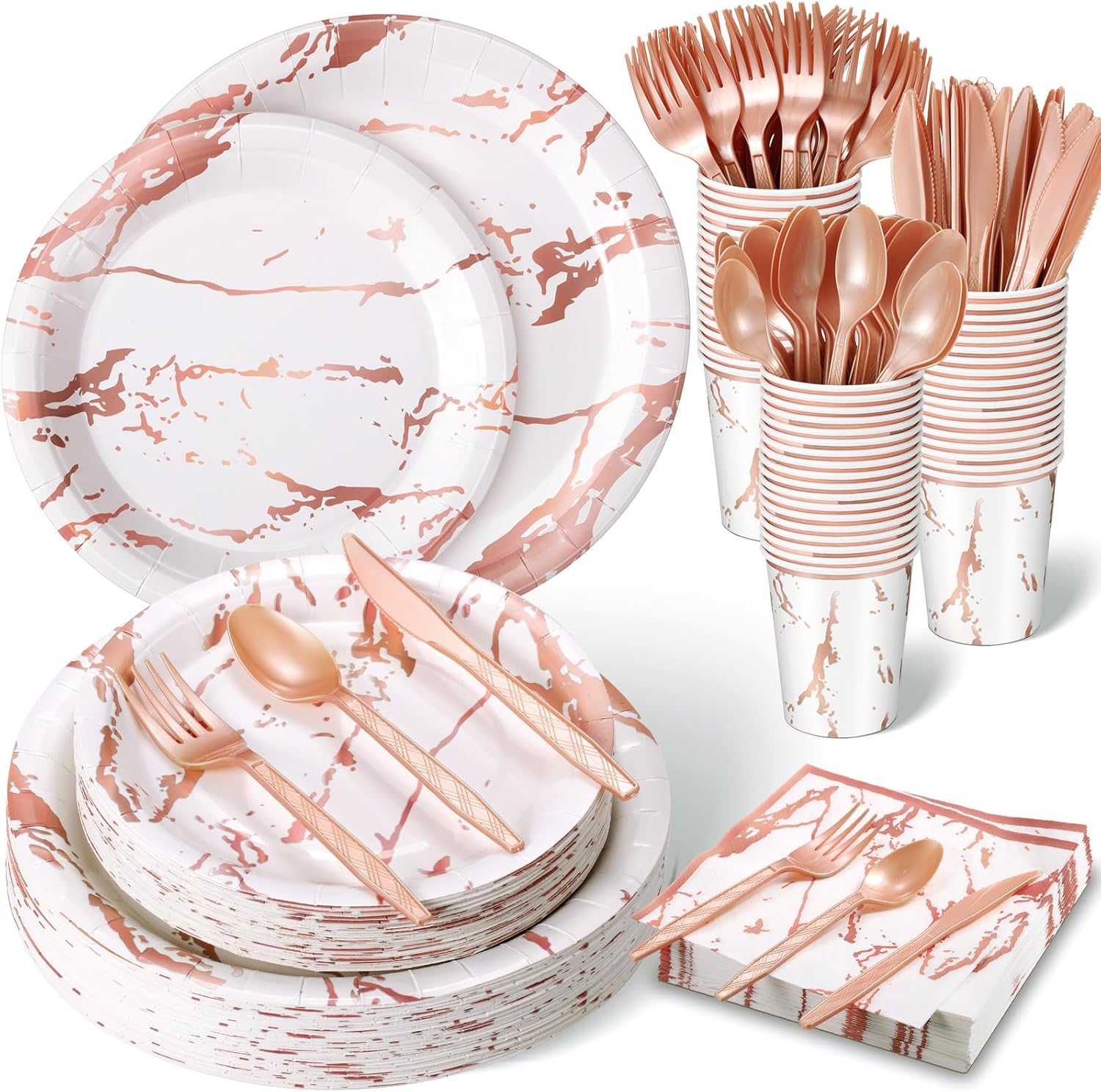 Bokon 350 Pcs Rose Gold Party Supplies Disposable Dinnerware Set Include 100 Plates 50 9 oz Paper Cup 50 Sets Spoon Fork Knives 50 Napkin for 50 Guests Wedding Birthday Valentines Party Decoration