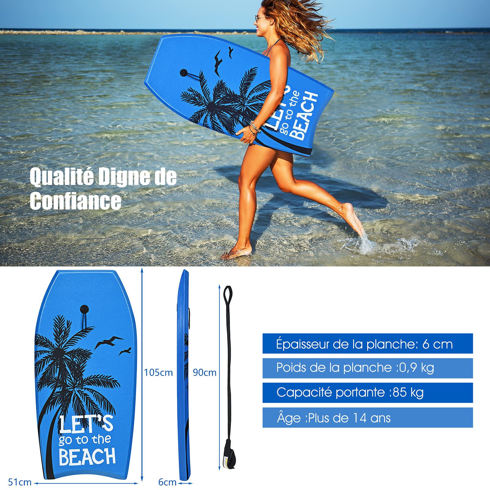 RELAX4LIFE Planche de Bodyboard 41” en Mousse avec Sangle de 90 CM et 8 Motifs au Choix, 105X51X6CM Idéal pour Adulte, Débutant dans Mer, Piscine, Surf, Charge Max. 85KG