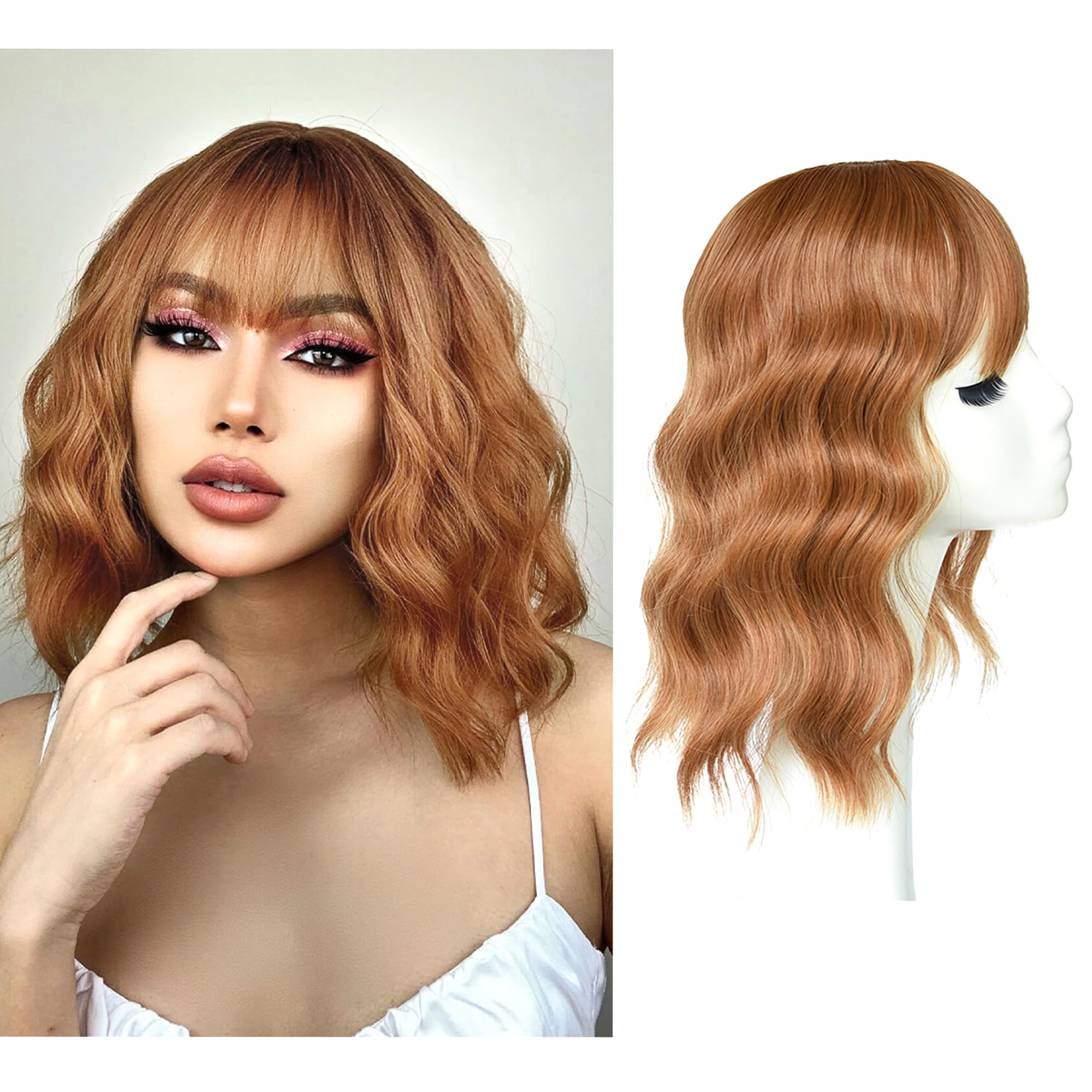 Hair Topper With Bangs Loose Water Wave Clip in Synthetic Hair Topper for Women Girls (13inch, Copper Red)