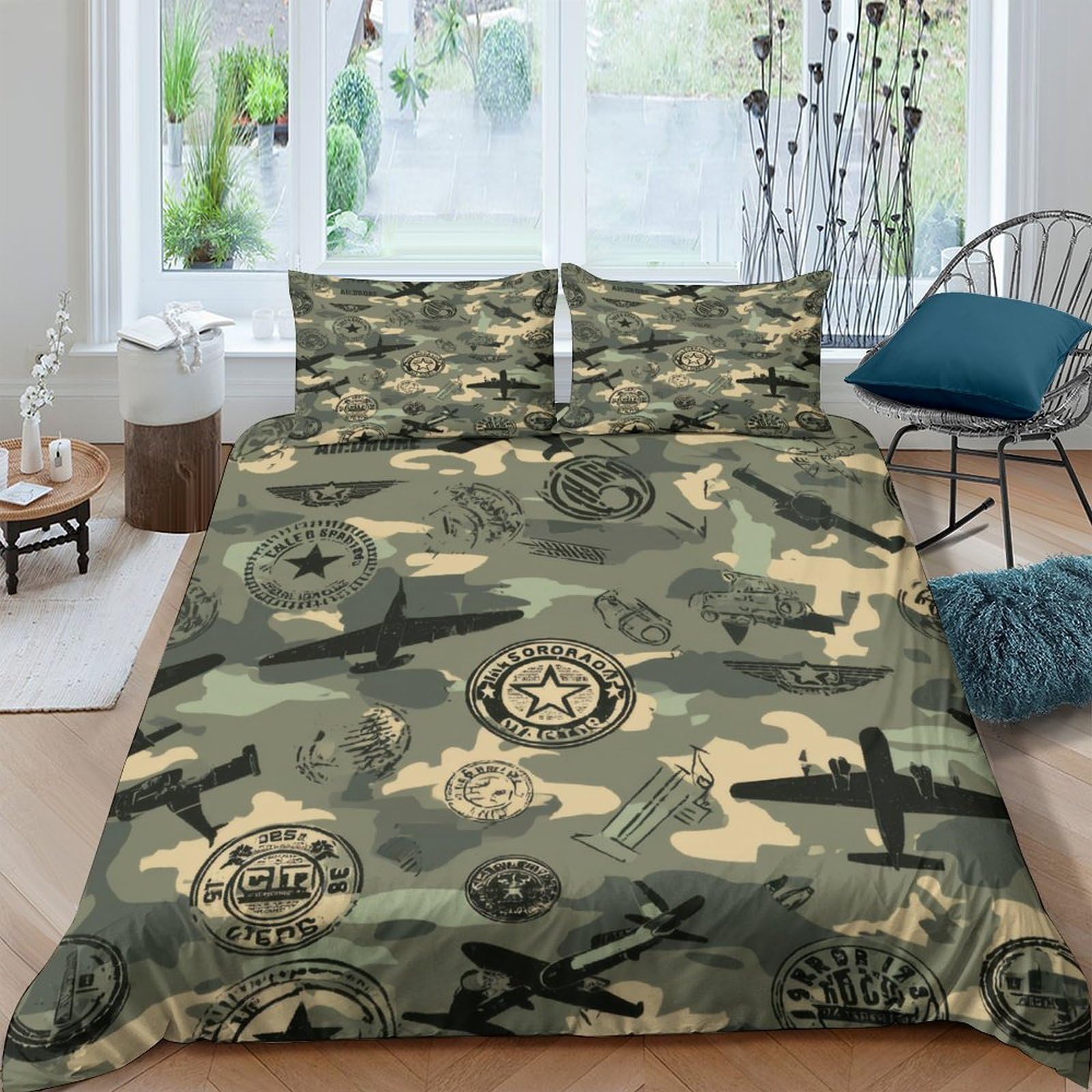 Ctjqhvkz Style-8 3D Printed Camouflage Army Badge Fitted Sheet Microfiber Soft Durable Aircraft Bed Cover Bedroom Decor Single（135X200cm）