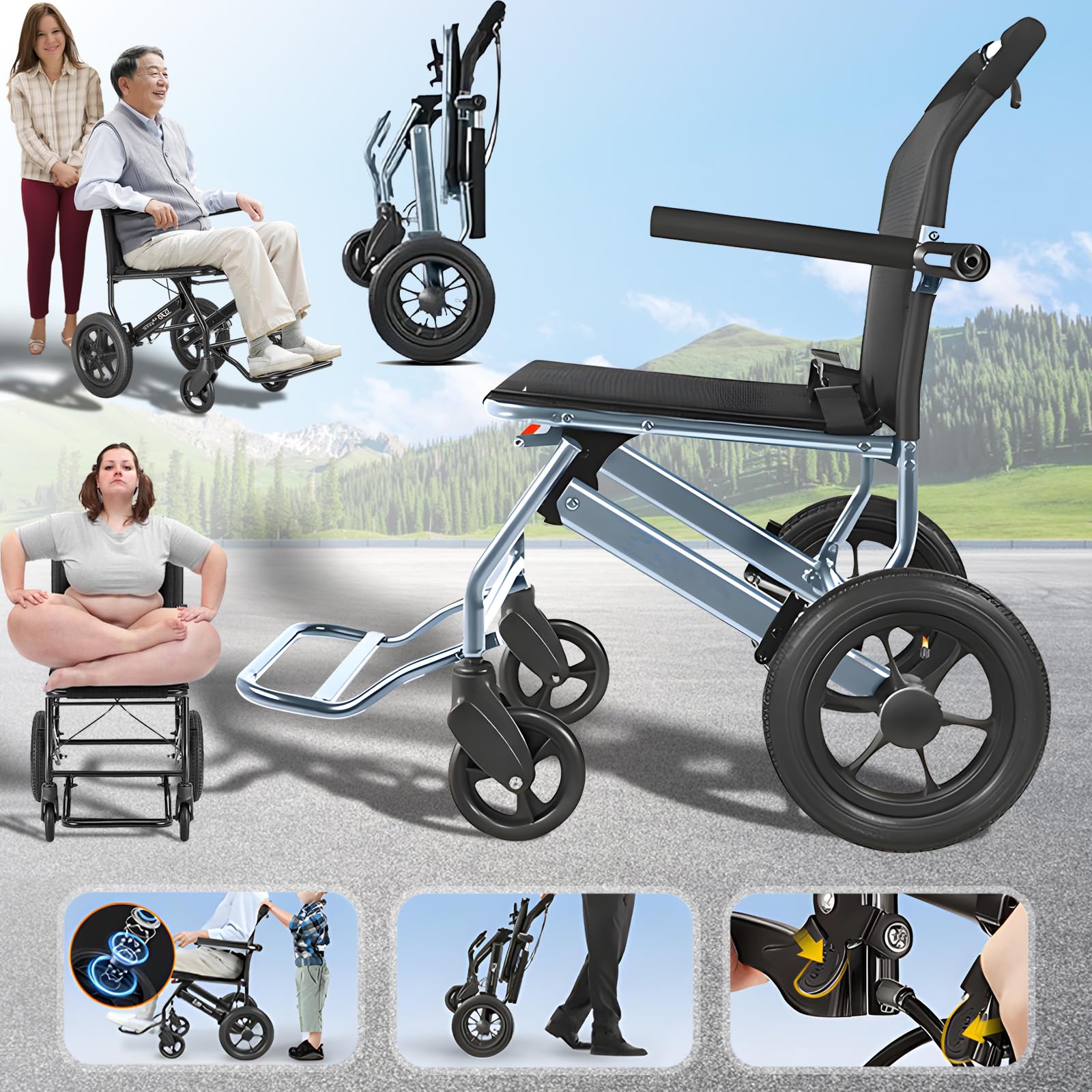 Silla De Ruedas Manual Plegable Ultraligera Para Ancianos Y Discapacitados - Fácil De Transportar Con Ruedas Traseras De 12 Pulgadas, Diseño Ergonómico Y Fácil Maniobrabilidad,Without basket