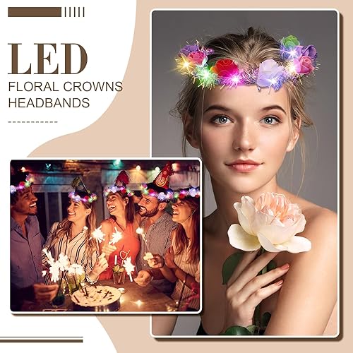 Miniatura 10 de Juego de 40 piezas de corona de diadema de flores LED, corona de flores iluminada, corona de flores brillantes para mujeres y niñas (estilo girasol)