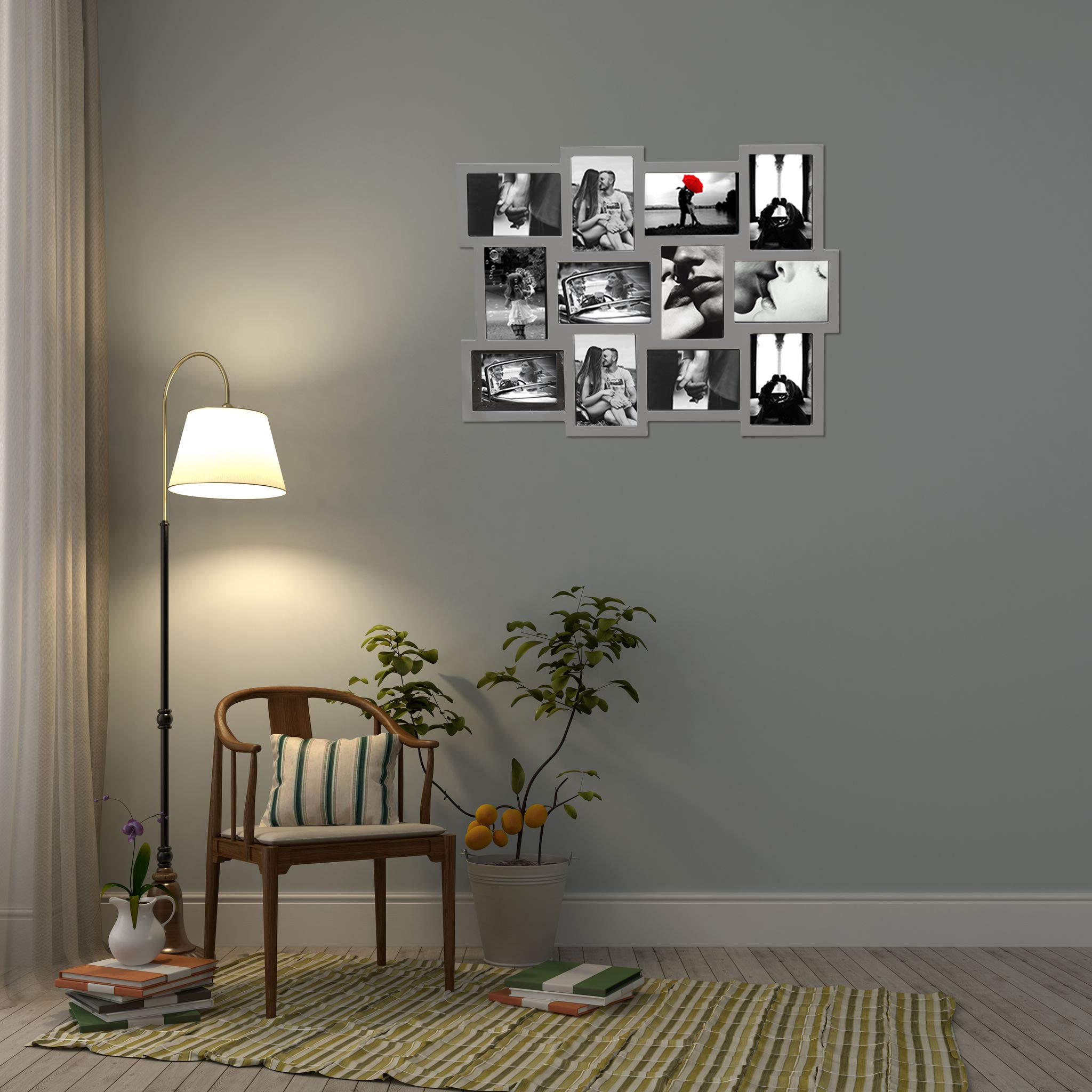 Rebecca Mobili Portafotos Múltiple Marco Para Fotos 10 x 15 Madera MDF Gris Espacio Para 12 Fotos - 47 x 60 x 1,2 cm (A x AN x FON) - Art. RE4880