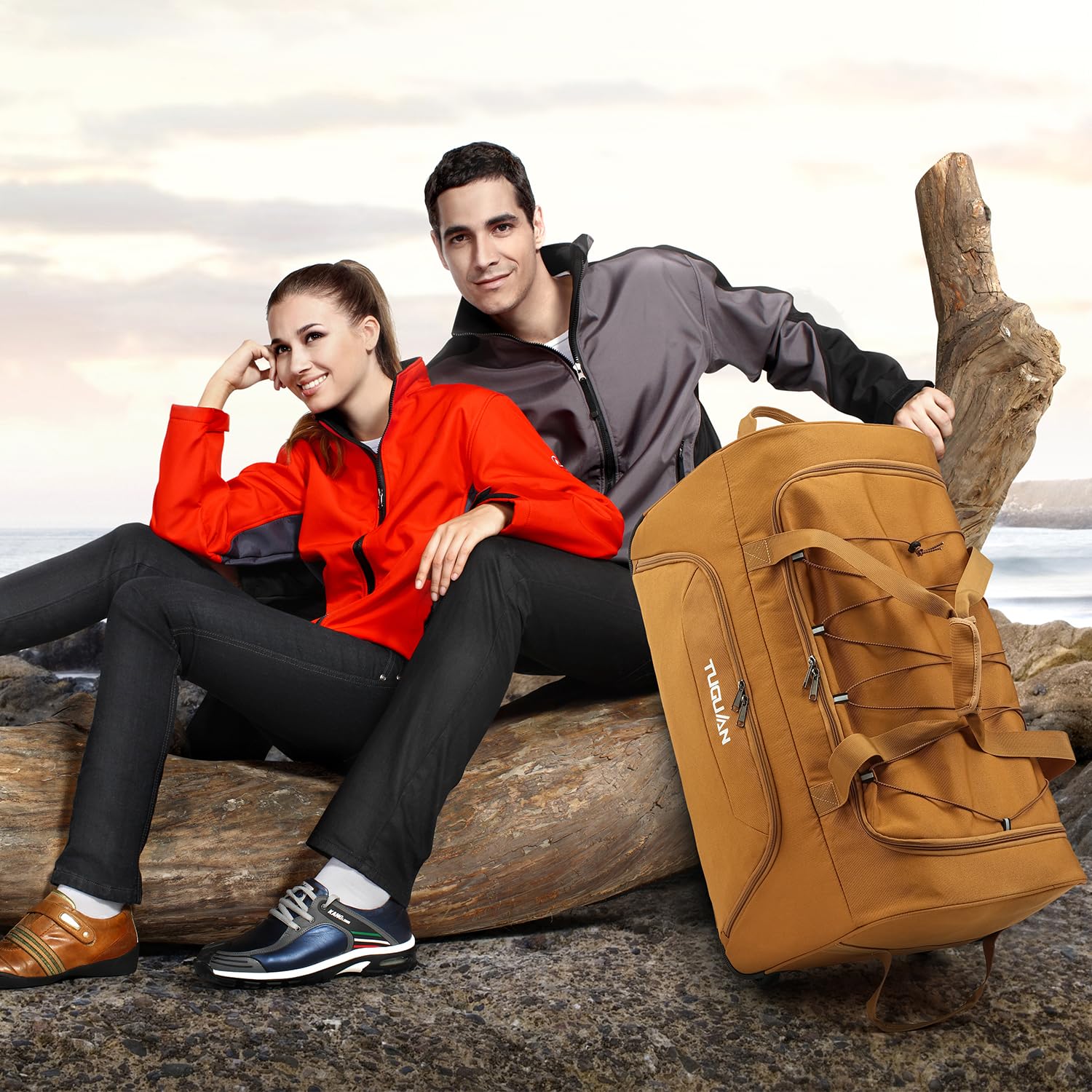 TUGUAN Bolsa de Viaje Plegable con Ruedas Grande 110L Bolsas de Equipo Deporte con Ruedas XL 28'' para Futbol Baloncesto Maletas de Viajes Camping Duffle Bag, Marrón