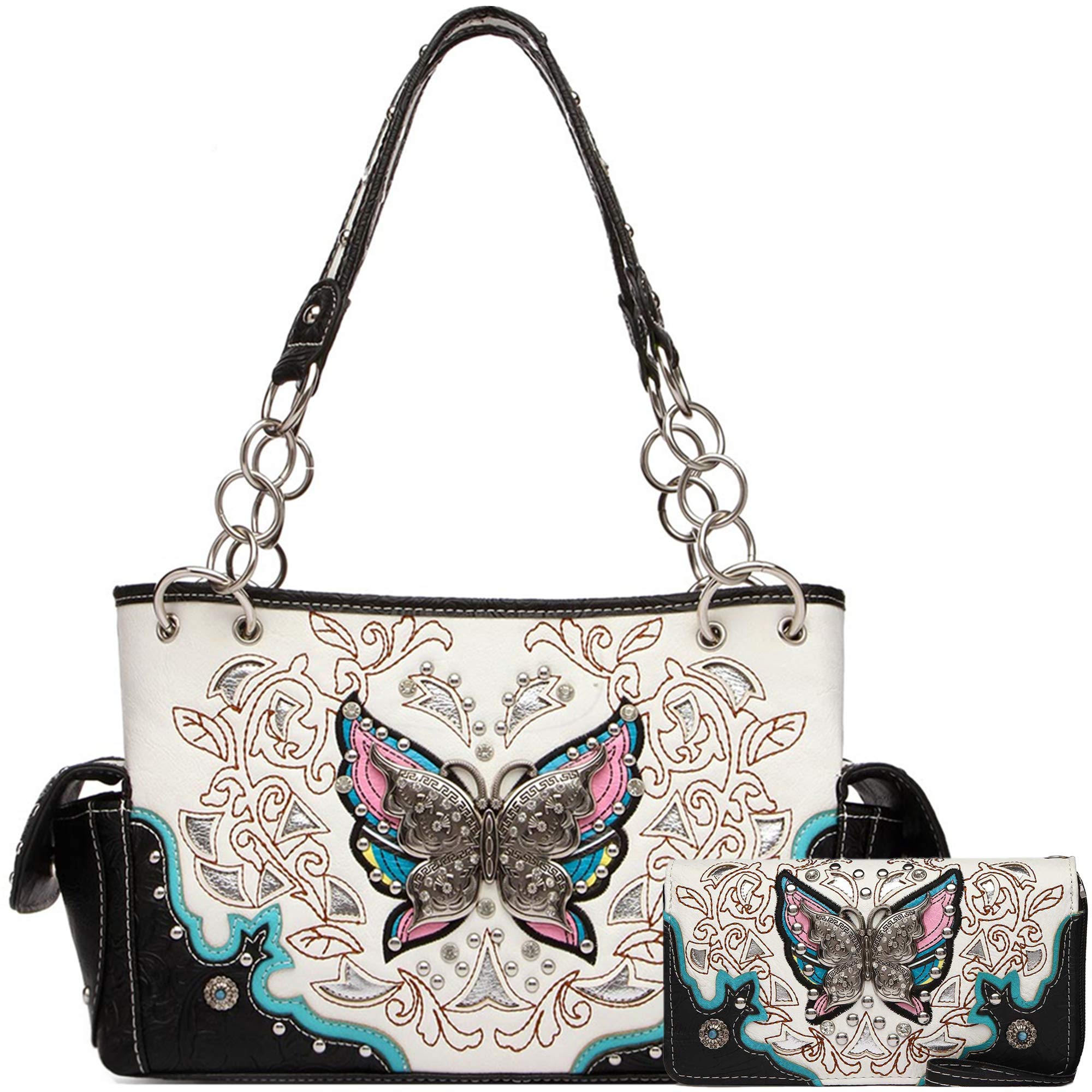 Western Style Spring Butterfly Flower Purse Women Country Handbag Rhinestone Stud Shoulder Bag Wallet Set