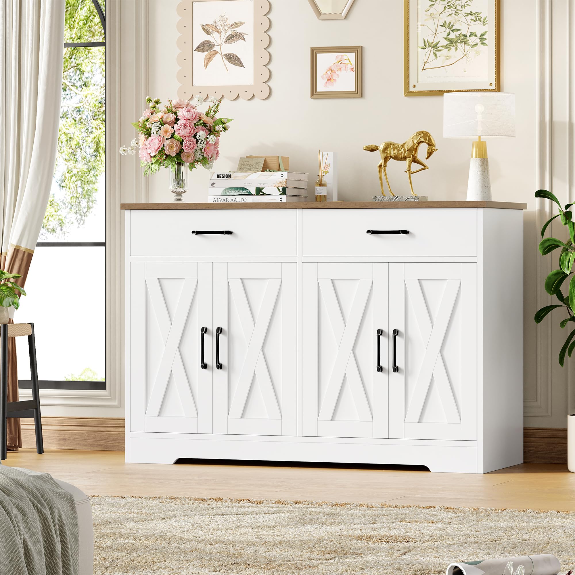 HOCSOK Aparador de 120 cm de Ancho, Armario de Cocina con encimeras, Armario de Cocina Buffet con 2 cajones y 4 Puertas, salón, Cocina, Pasillo (Blanco y Marrón)