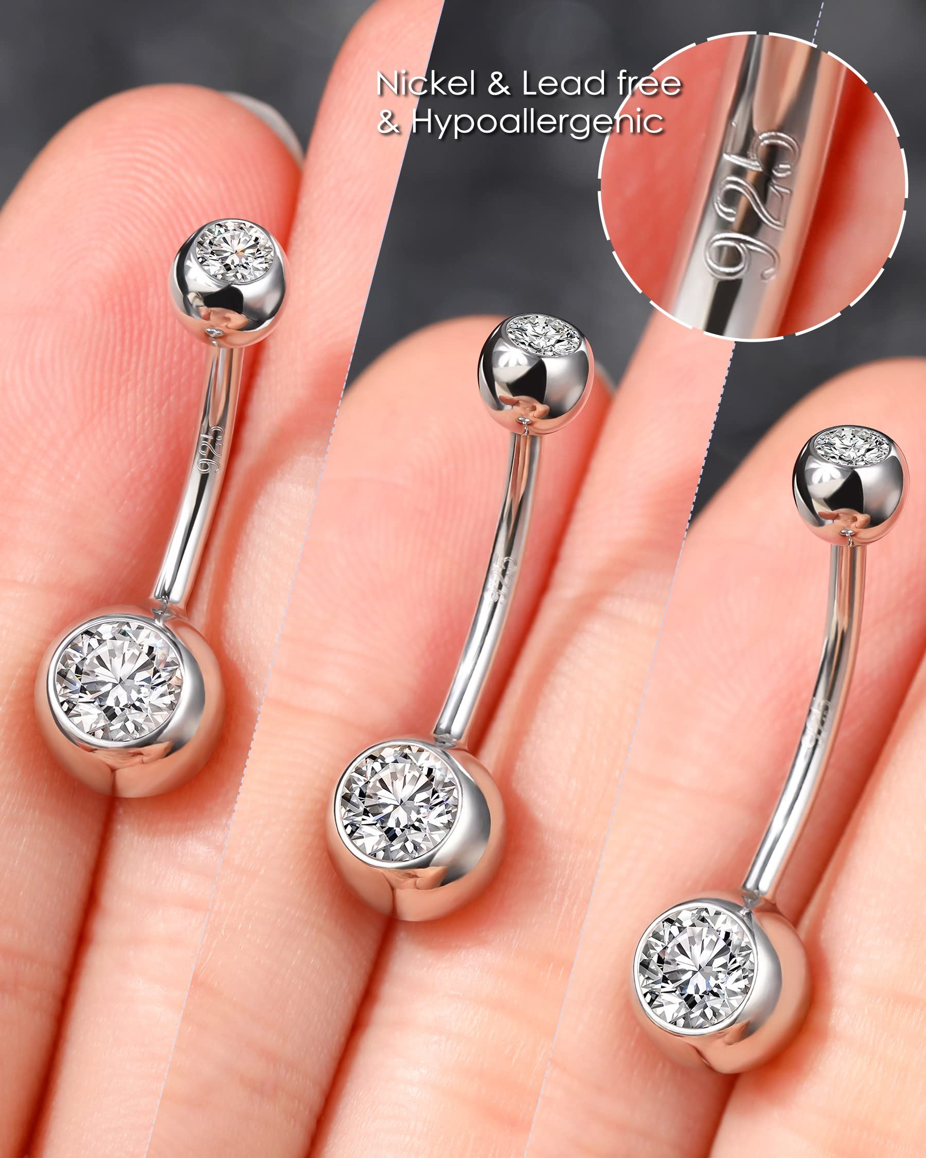 OUFER 14G Bauchnabelpiercing Lang Echt Silber 925 10/12/14/16 mm Stablänge Piercing Bauchnabel CZ Kugeln Belly Button Piercing Navel Bars Nabelring Frau Mann Schmuck