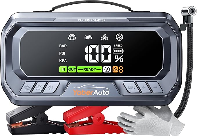 YaberAuto Power Bank con compressore, 160 PSI 6500 A, dispositivo di avviamento per auto, PD 65 W, Power Bank per tutte le benzina e motore diesel da 12 l, avviamento con luce di emergenza da 600