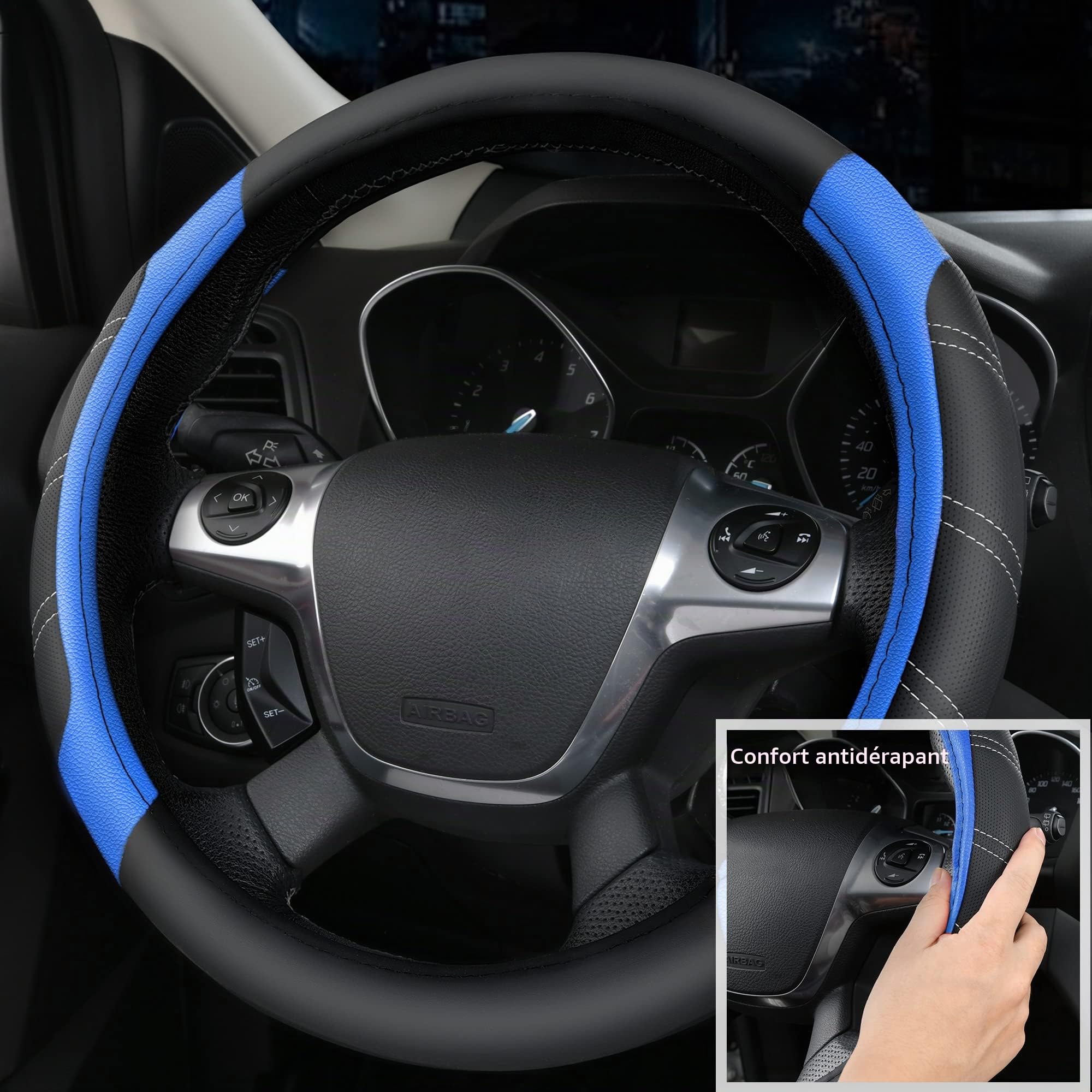 CAR PASS Housse Volant en Cuir et Tapis Sol Voiture imperméables, Universelle pour 95% des Voitures camions SUV, 36.8 à 38.1 cm, Design Sportif antidérapant et Confortable(Noir et Bleu)