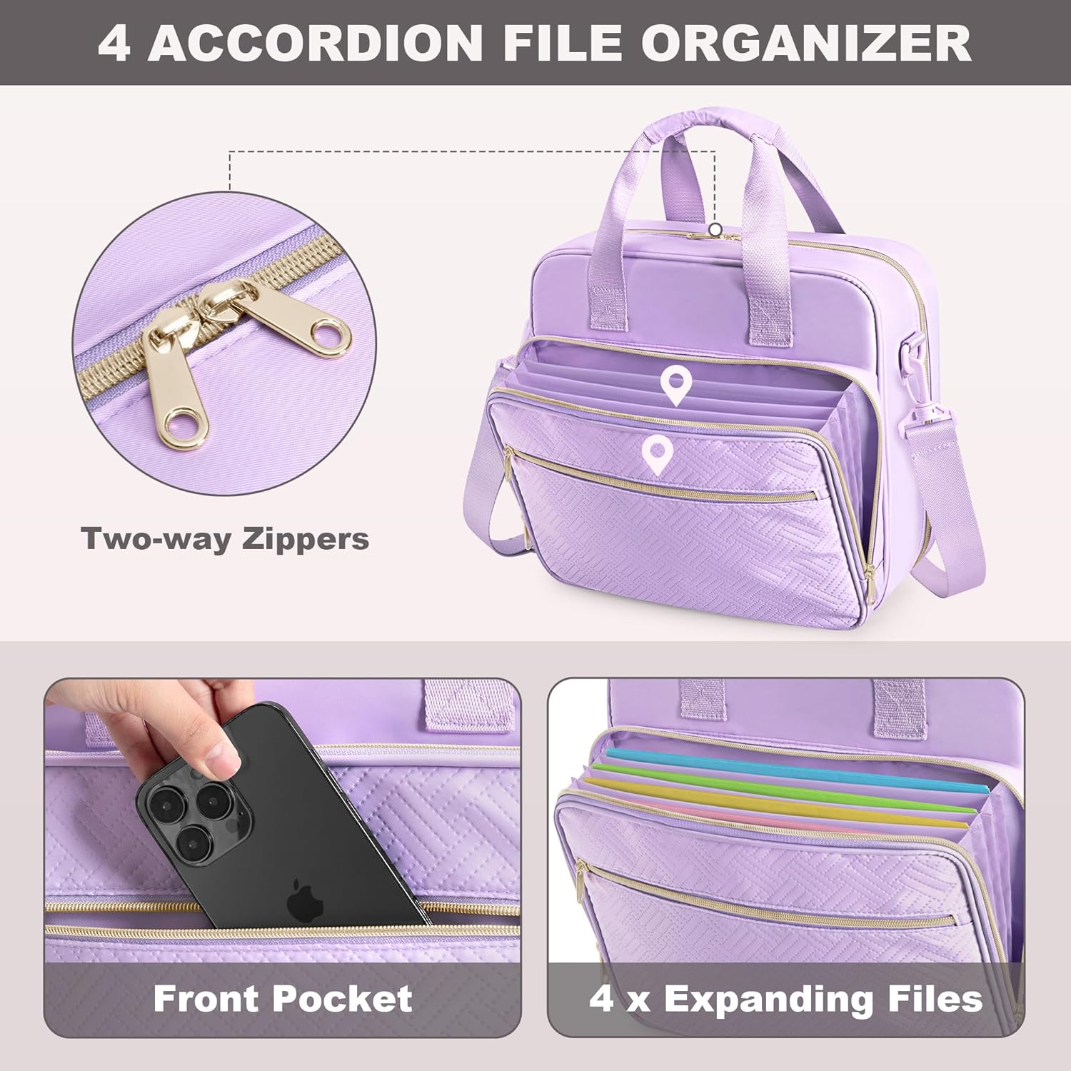3 Ring Zipper Binder 2 Inch, Accordion File Organizer with Shoulder Strap, Zip Up Binder with 500-Sheet Capacity, Purple