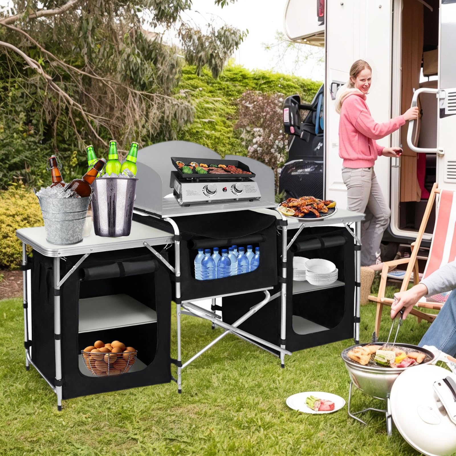 Campingküche Faltbar Campingschrank Einstellbar Campingtisch Reiseküche mit Aluminiumgestell Camping küche Zeltschrank Outdoor Küchenbox Campingregal inkl. Tragetasche (174 x 52x 110cm)
