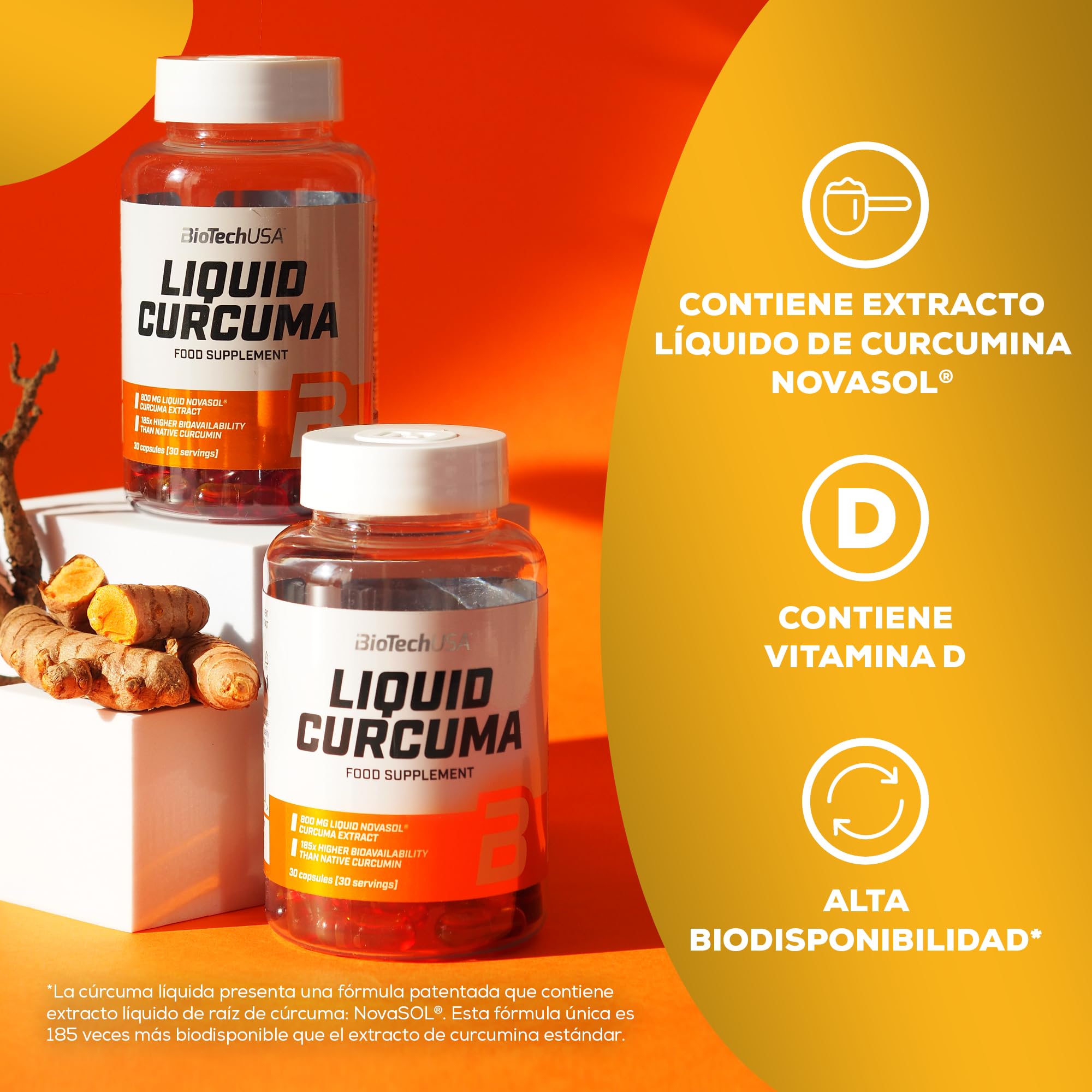BioTechUSA Liquid Curcuma - Extracto líquido de curcumina de alta biodisponibilidad con vitamina D, 30 cápsulas