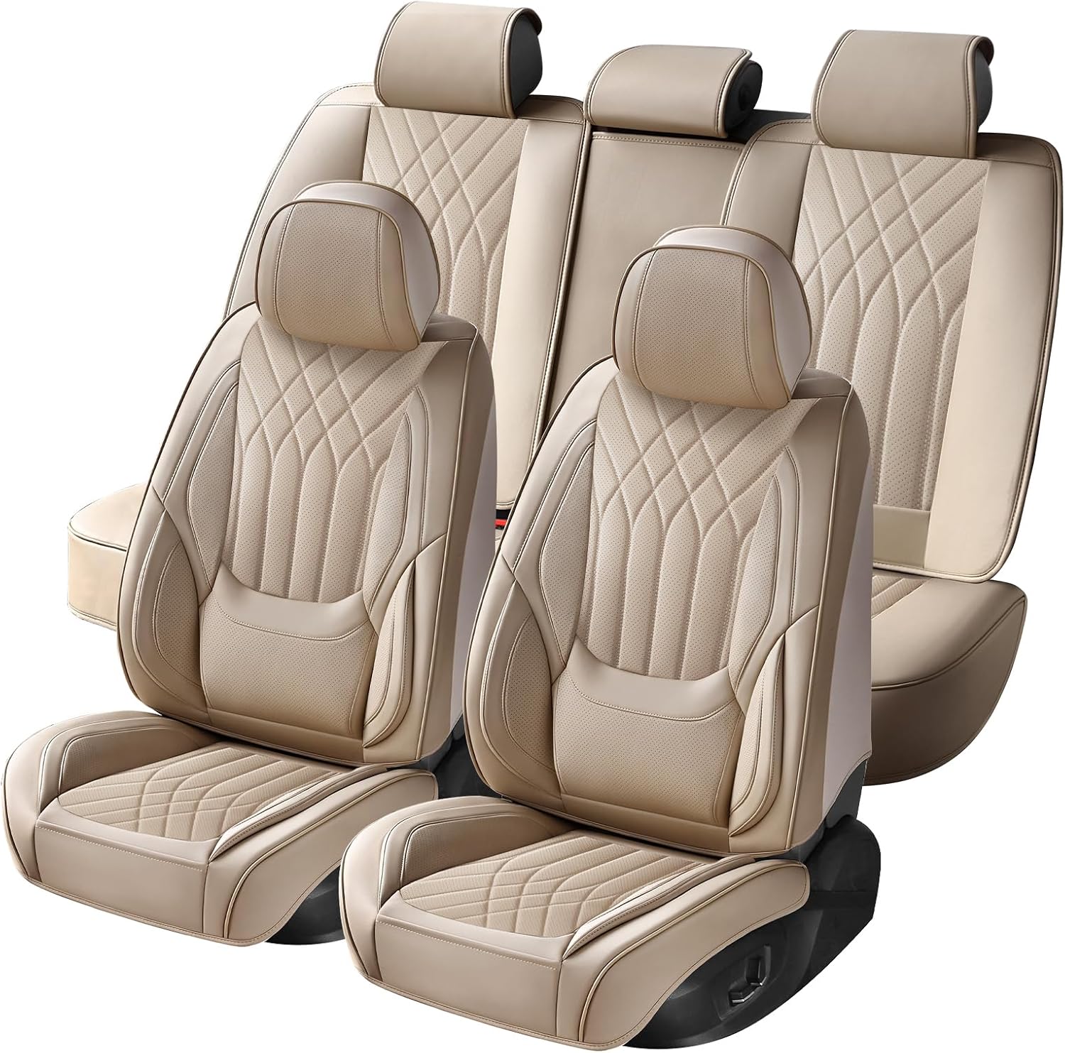 Car Seat Covers Full Set, Nappa Leather Seat Covers for Cars, Beige Car Seat Protector Waterproof, Car Seat Covers Front Seats and Back Fit for Most Cars SUVs Trucks