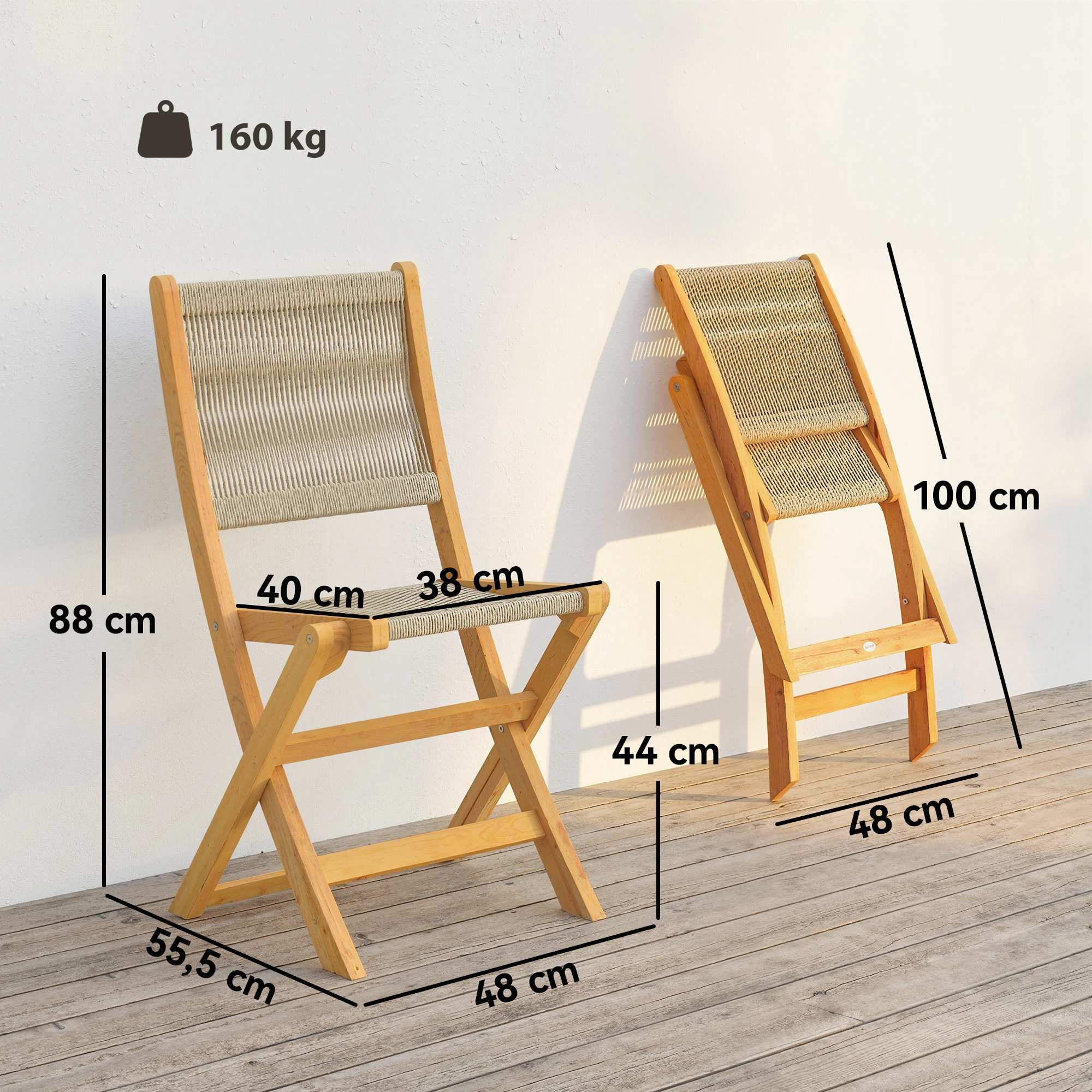 Outsunny Lot de 2 Chaises de Jardin Pliantes en Bois d'Acacia FSC - Chaises de Balcon avec Dossier et Assise en Corde Tressée - Gain de Place, Aucun Assemblage Requis, Charge 160 kg, Naturel et Beige