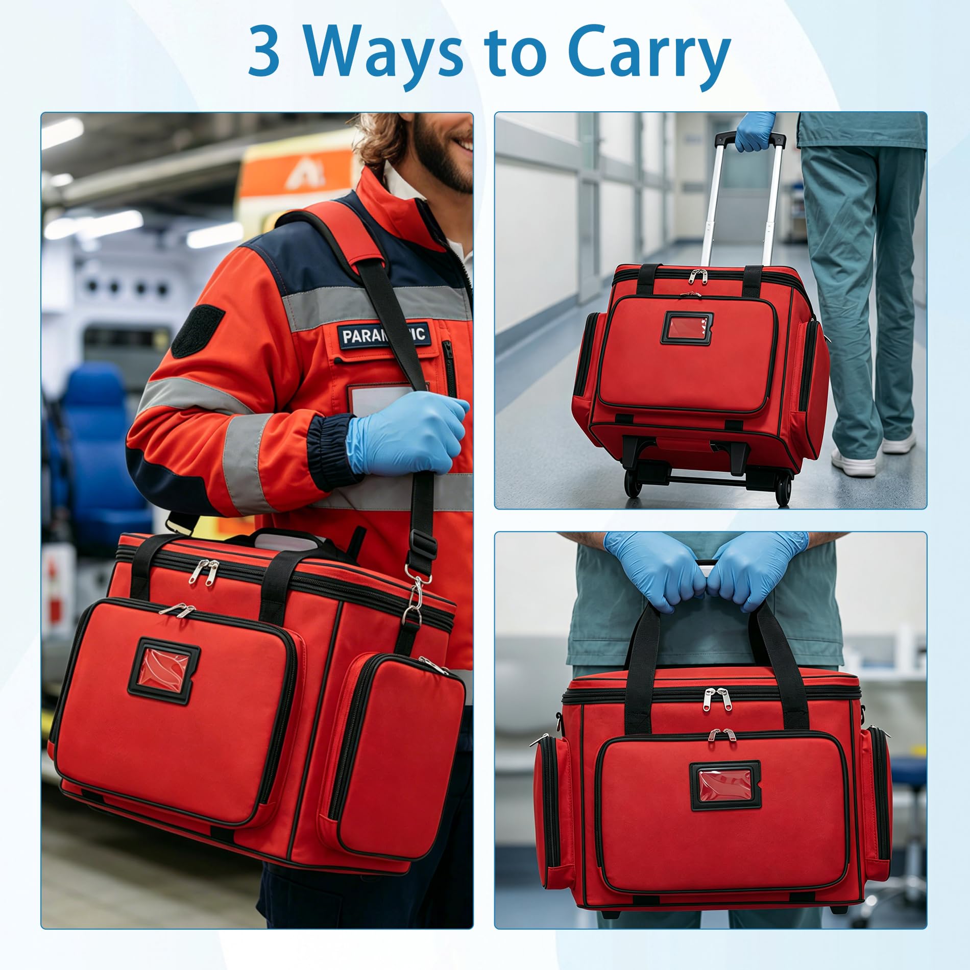 Borsa medica arrotolabile con carrello staccabile, borsa da infermiera con divisori rimovibili e sacchetti di stoccaggio, borsa per primo soccorso vuota per infermieri, medici, ambulatori, rossa