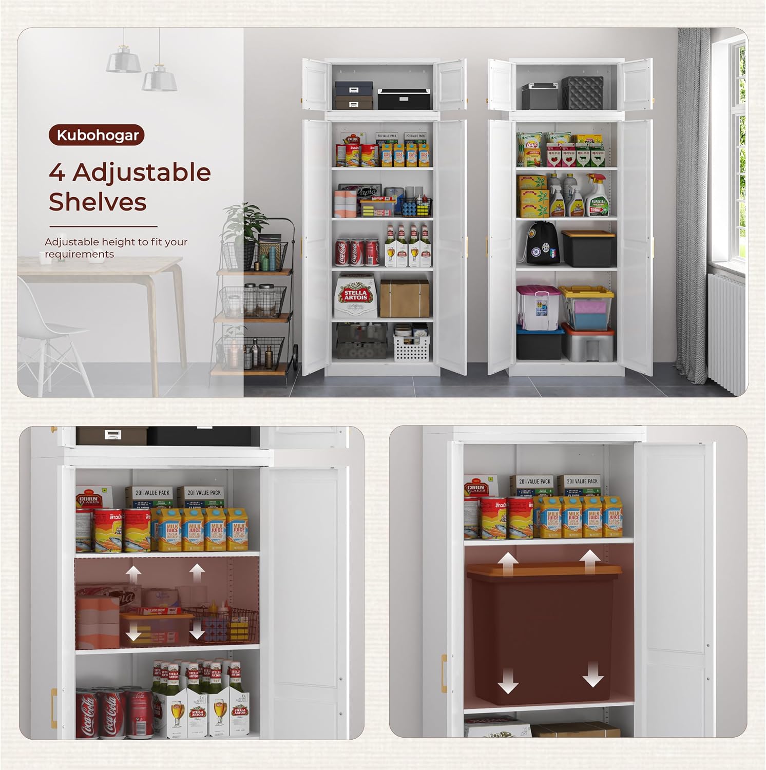 86" Metal Storage Cabinet with 4 Doors & 4 Adjustable Shelves, White Tall Pantry Cabinet for Kitchen, Living Room, Office, Home & School Use