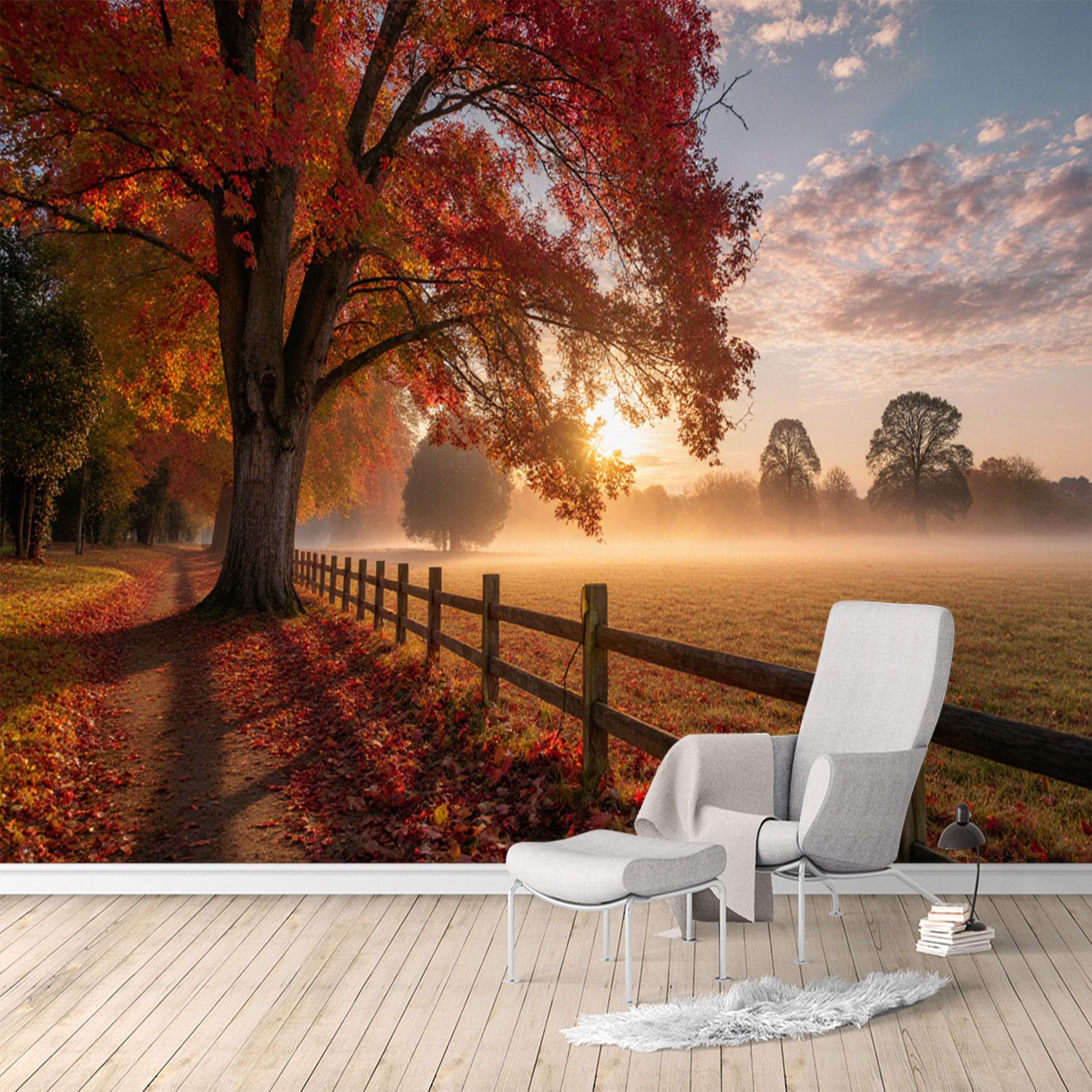 Custom Size Wall Murals, Autumn Maple Tree Path Scenic Landscape, SelfAdhesive Water Activated Removable Wall Covering, Large Photo Wallpaper for Living Room Bedroom Office