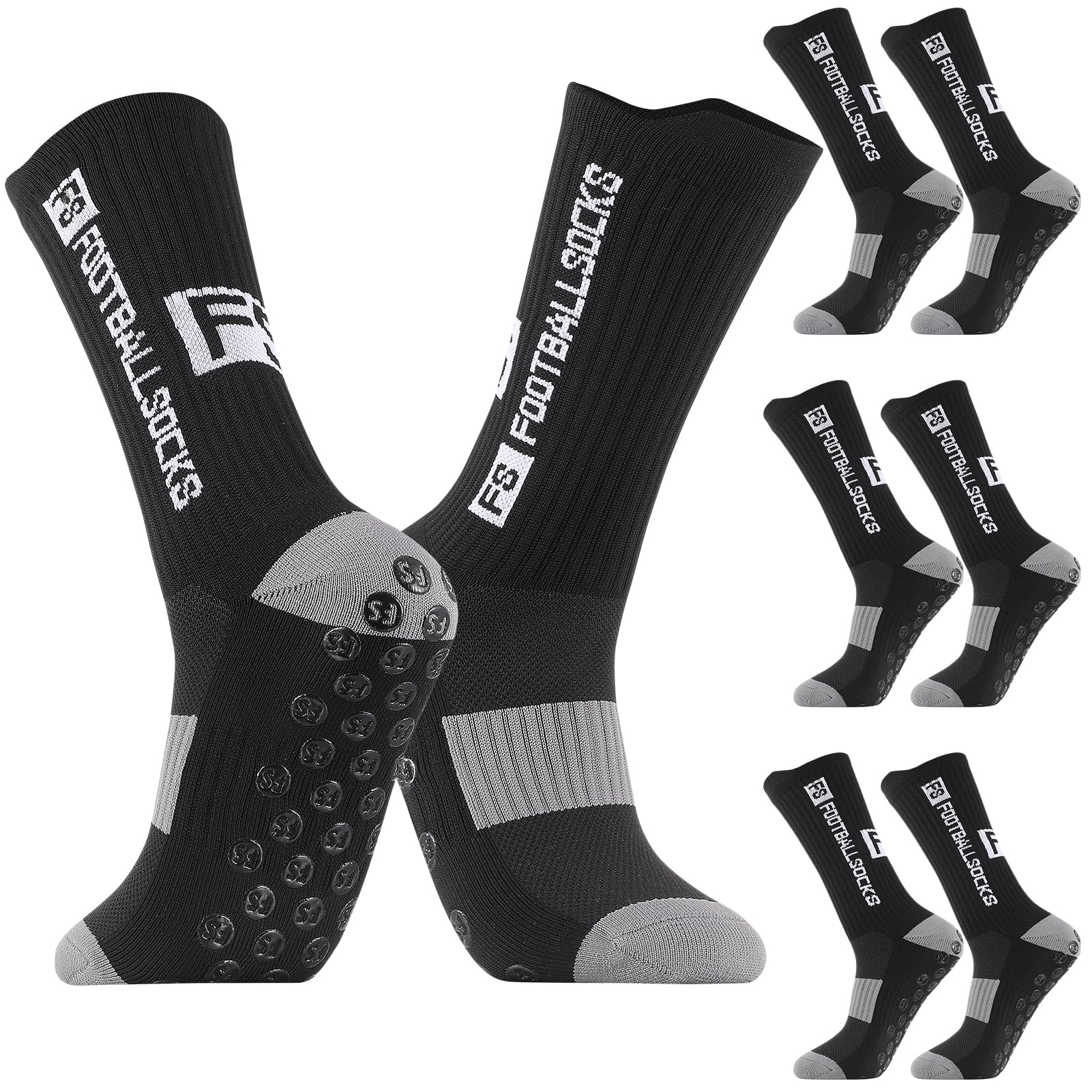 Utensilsto 3 Paare Fußballsocken, 40-44 Fußball Socken Anti Rutsch Grip Fußball Socken Rutschfeste Sportsocken für Herren Damen Fussball Basketball Laufen, Schwarz + Grau