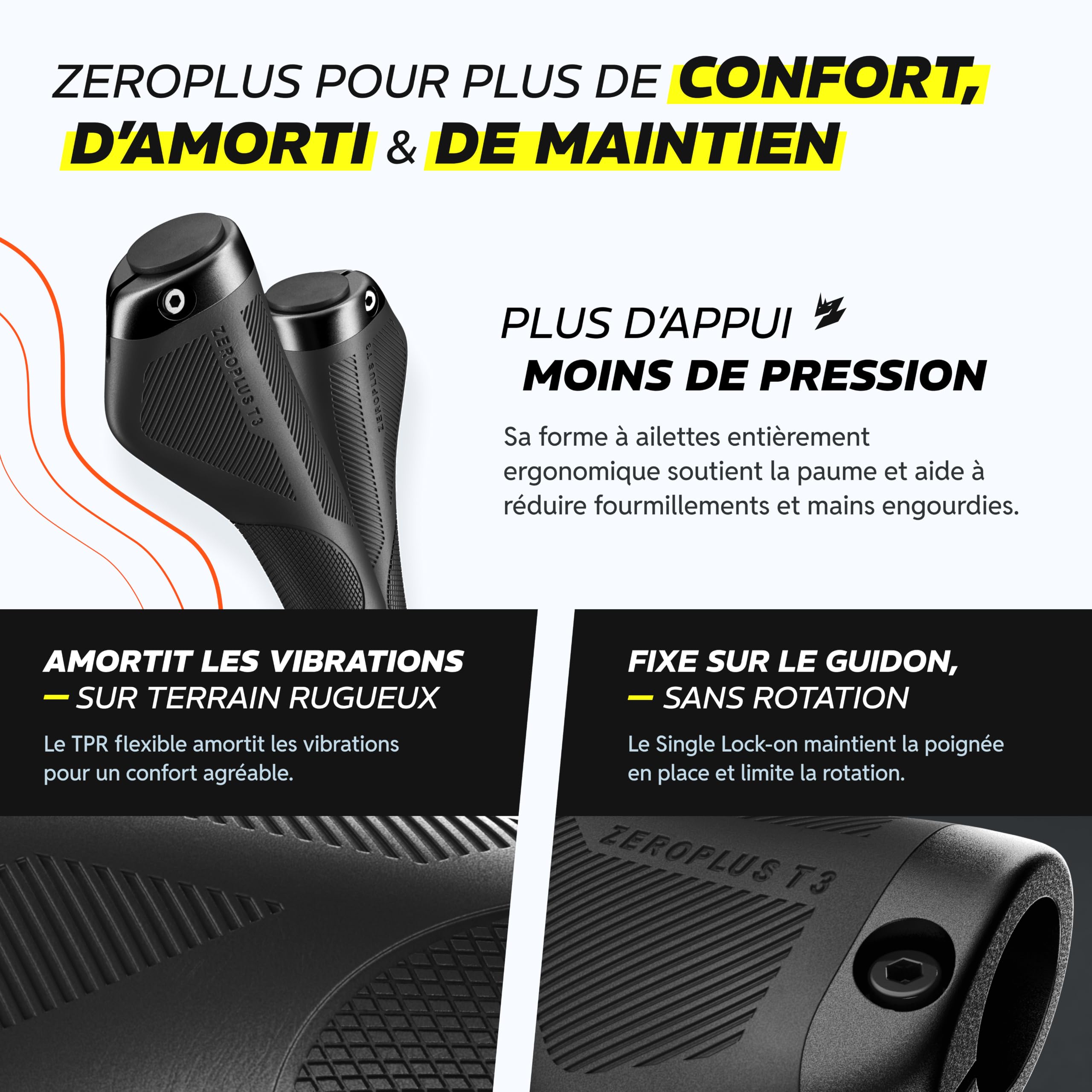 Alphatrail ZeroPlus poignée VTT Ergonomique avec Large Appui-Paume, poignee Velo Ergonomique Lock-on 22,2 mm, 1 Paire, poignée Ergonomique VTT pour vélo électrique, Trekking & Ville