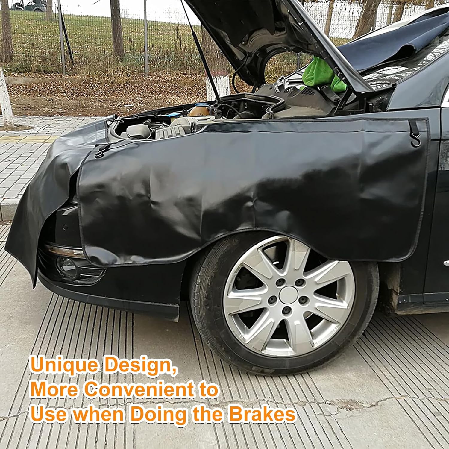 3Pcs Set Automotive Fender Covers Magnetic PU Leather Car Fender Cover Work Mat, Car Protector Mat Pad with Hooks Size M