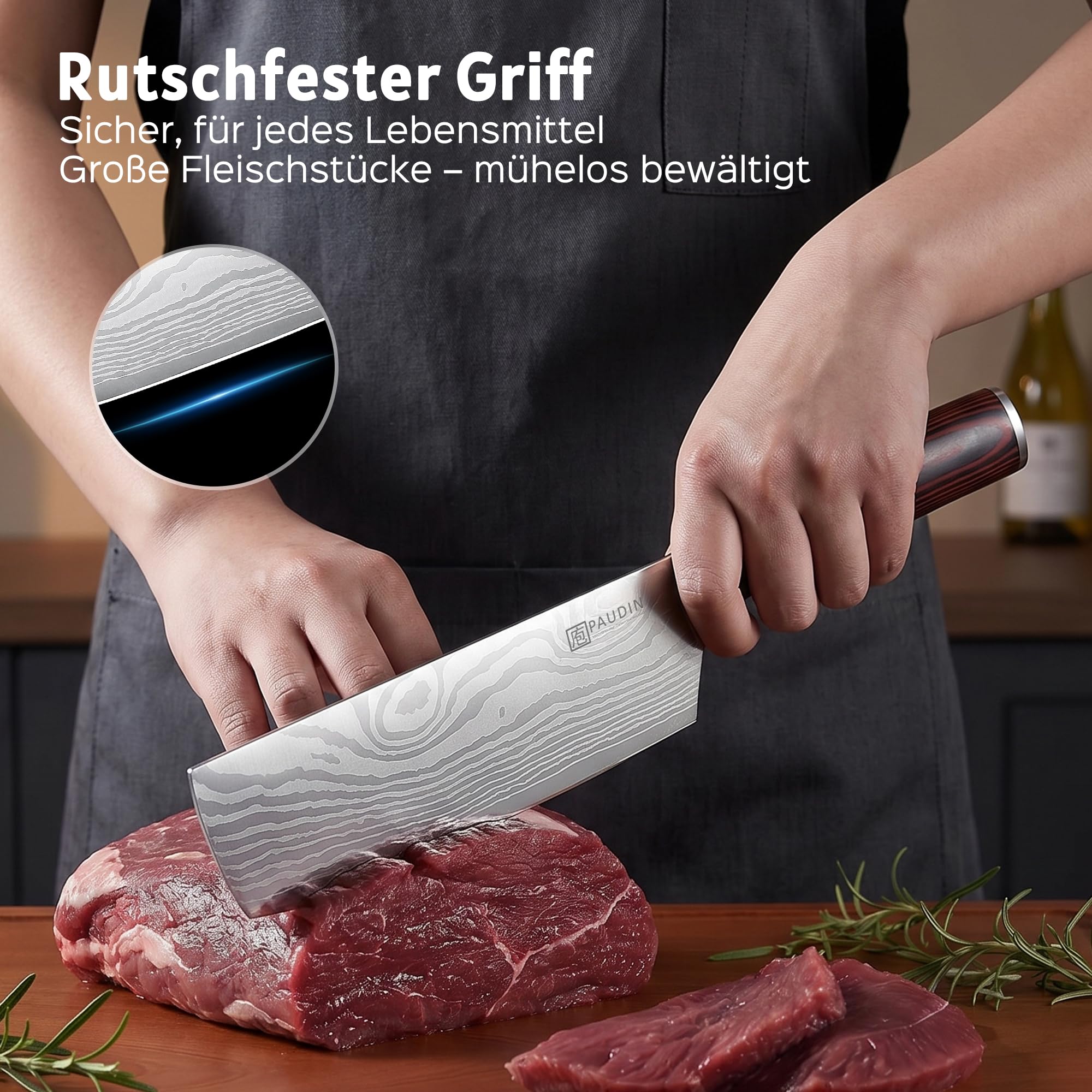PAUDIN Japanisches Messer, Klingenlänge 17 cm Nariki Messer Hackmesser Kochmesser aus hochwertigem Edelstahl, asiatisches Mehrzweck Küchenmesser für Haus und Küche mit ergonomischem Griff