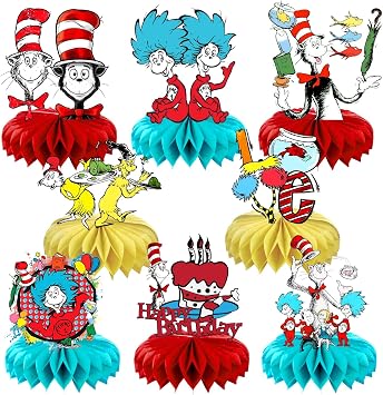 8Pcs Cartoon For Dr. Seuss Honeycomb Table Centerpiece,Birthday Party Supplies Table Decorations for Party Decorations.