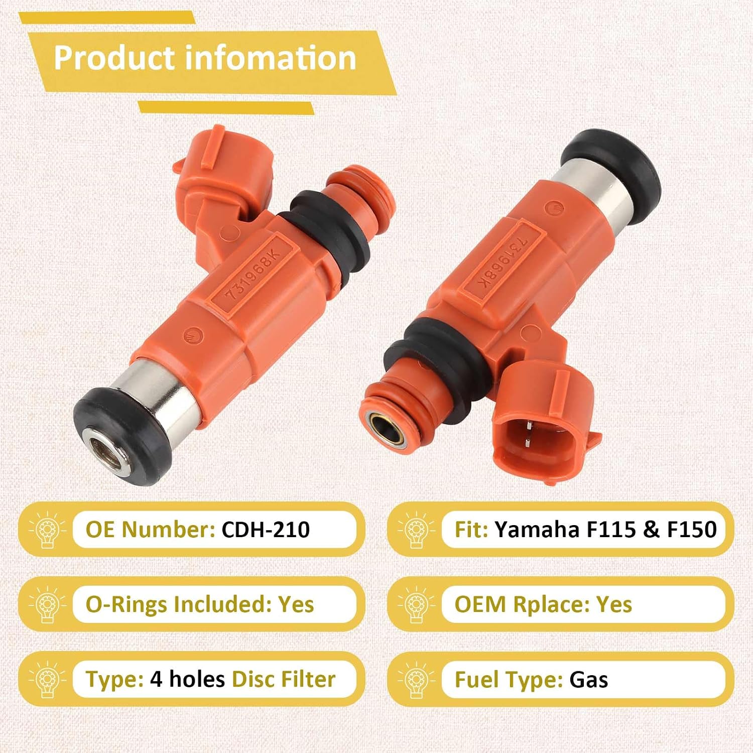 Set of 4 Marine Fuel Injectors,Compatible with/Yamaha F115 & F150 Outboard, 115HP, 150HP 4-stroke,Replace#CDH-210