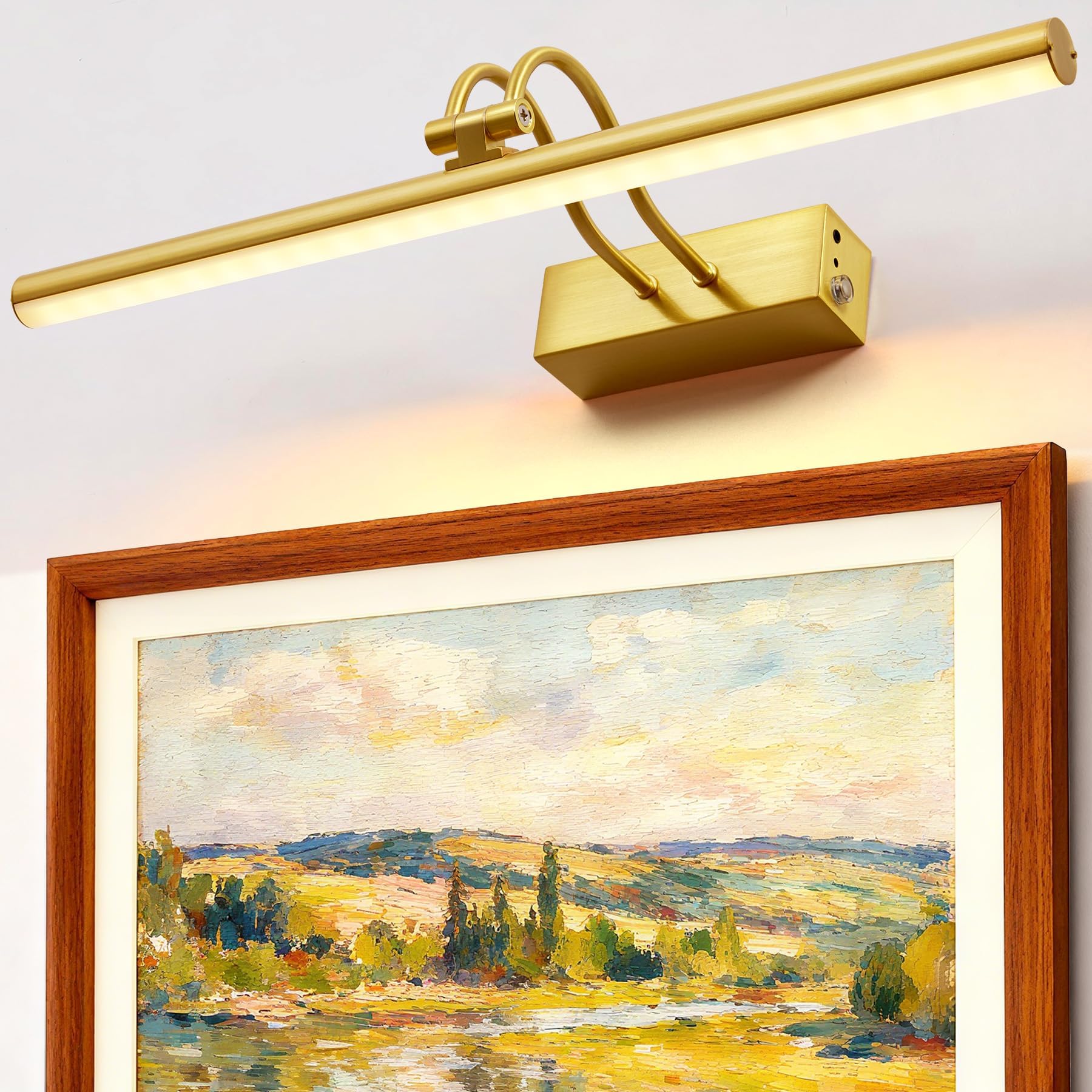RAIFOOLLY Picture Light, 16 Inch Cordless Picture Lights for Wall with Timer and Dimmable, 5000mAh Battery Operated Wall Lights for Display Gallery Painting Art Frame Portrait - Plated Gold Metal