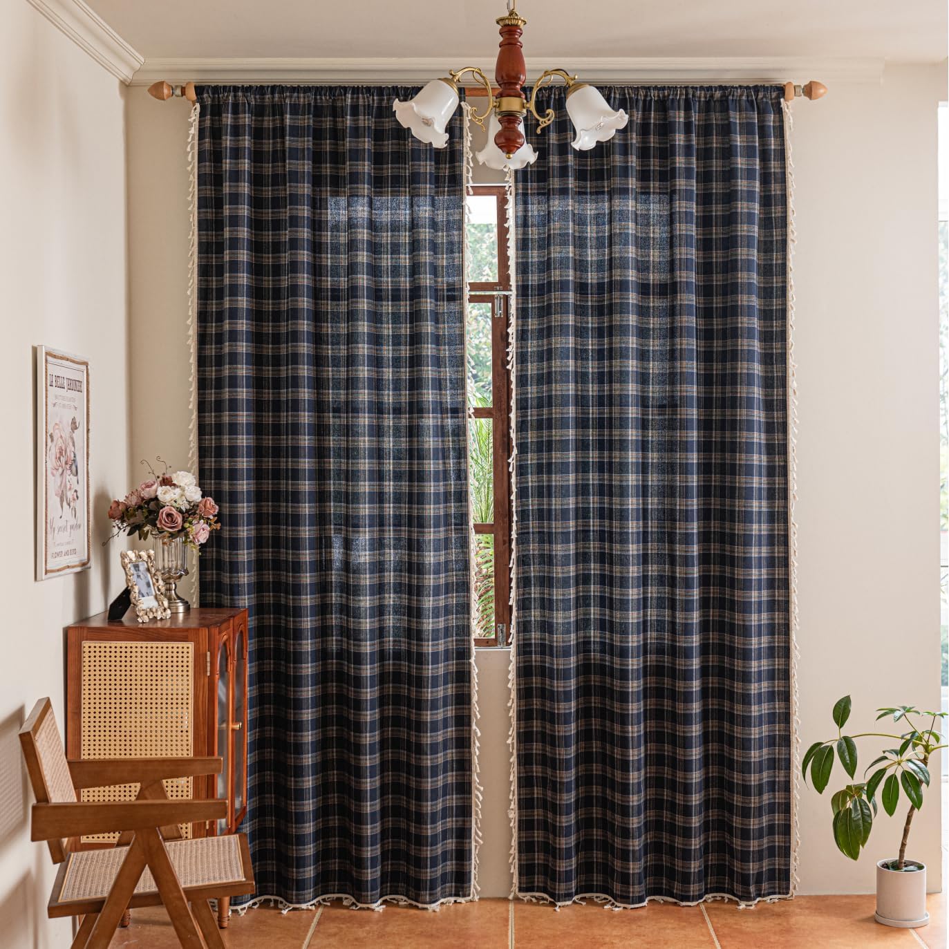 Plaid Curtains 84 Inch Length 2 Panels, Farmhouse Window Curtains Light Filtering with Tassel Trim, Rustic Tartan Drapes for Living Room Bedroom, Blue