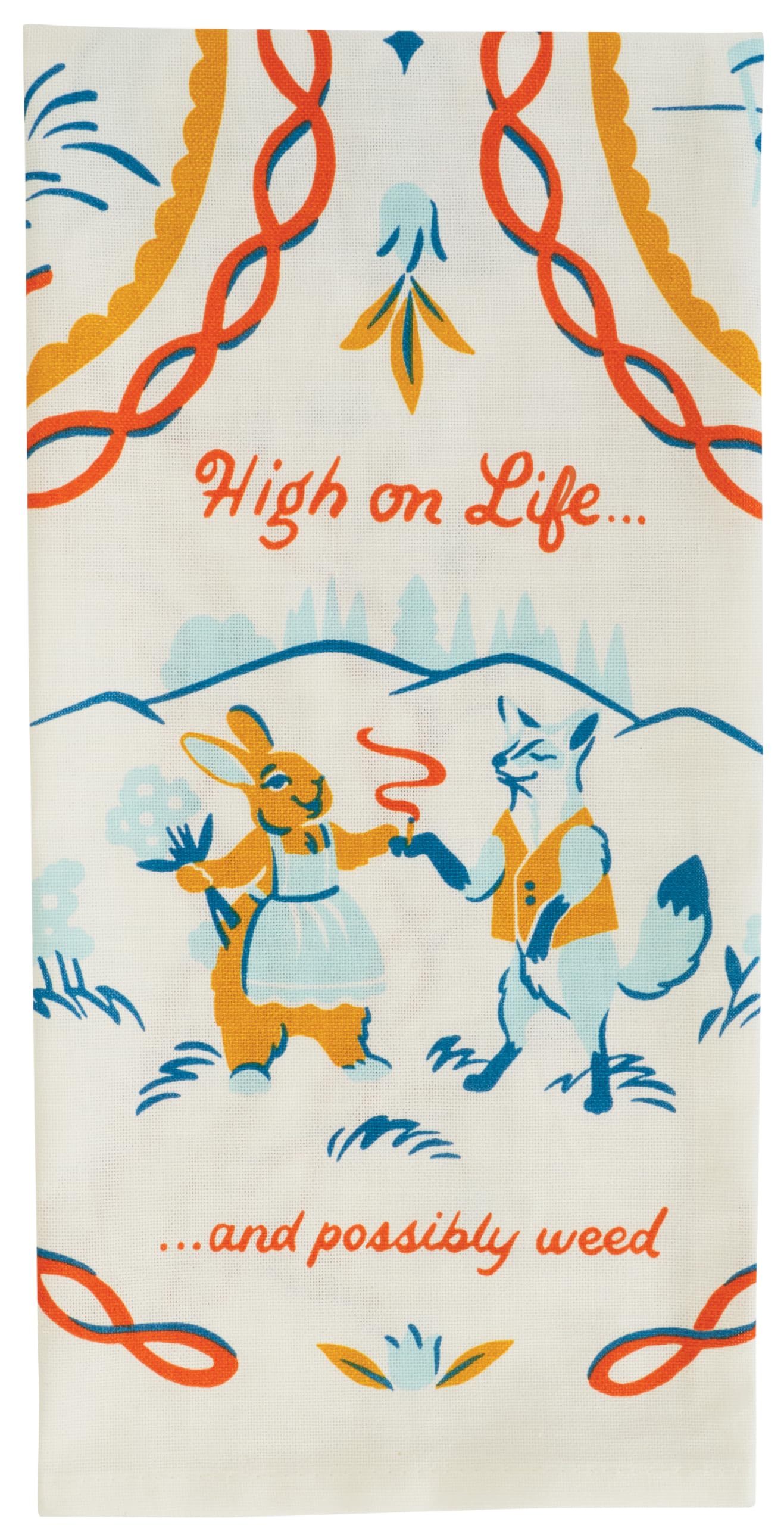Blue Q Funny Dish Towel ~ High on Life, and Possibly Weed. 100% Cotton, Printed, Vibrant Colors, 28" x 21"
