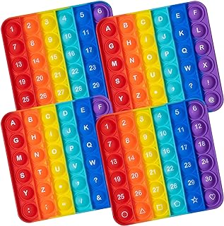 Push Pop Bubble Fidget Sensory Toy, 4-Pack, Square, 5 x 5 Inches, Rainbow, Numbers and Alphabets, Party Favors