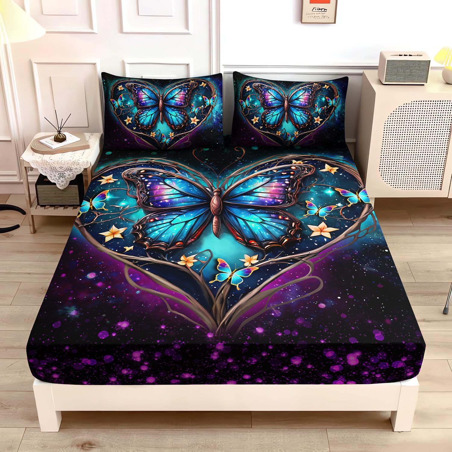UEVBF Aesthetic Butterfly Bedding Queen Fitted Sheet,Romantic Love Flower Glitter Bed Fitted Sheet for Kids Teens Girls Room Decor,Blue Butterfly