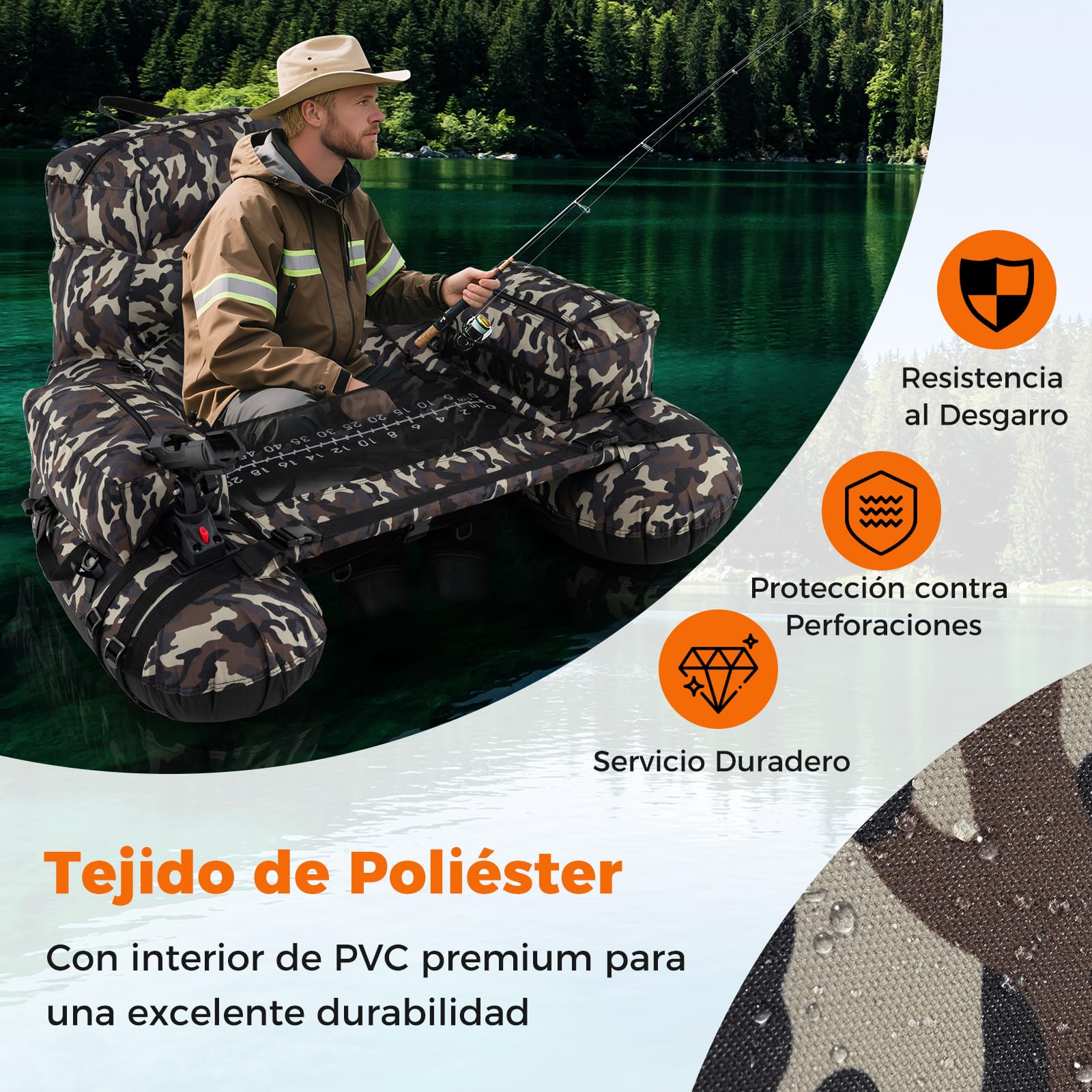 COSTWAY Flotador de Pesca Inflable, Bote Portátil con Remo, Bomba, Aletas, Soporte para Caña de Pescar, Regla para Peces, Almacenamiento, Capacidad 150 kg, Ideal para Adultos en Lagos y Ríos