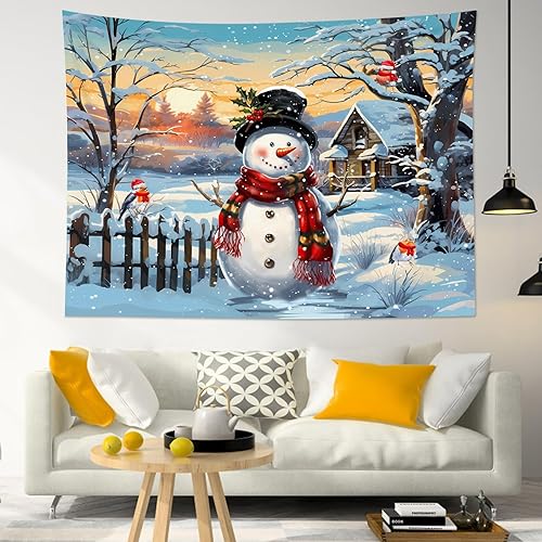 Miniatura 2 de HVEST Tapiz navideño de muñeco de nieve para colgar en la pared, muñeco de nieve y pájaro en árbol nevado con tapiz de granja, tapiz de atardecer en