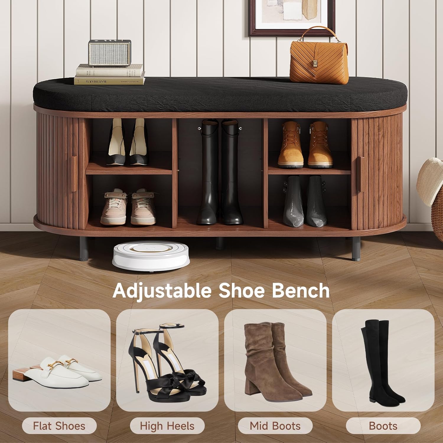Oval Shoe Storage Bench with Padded Seat Cushion, 2-Tier Fluted Shoe Cabinet with Adjustable Shelves, Mid-Century Bench Compact for Entryway, Hallway, Closet, Front Accent, Foyer, Bedroom, Walnut