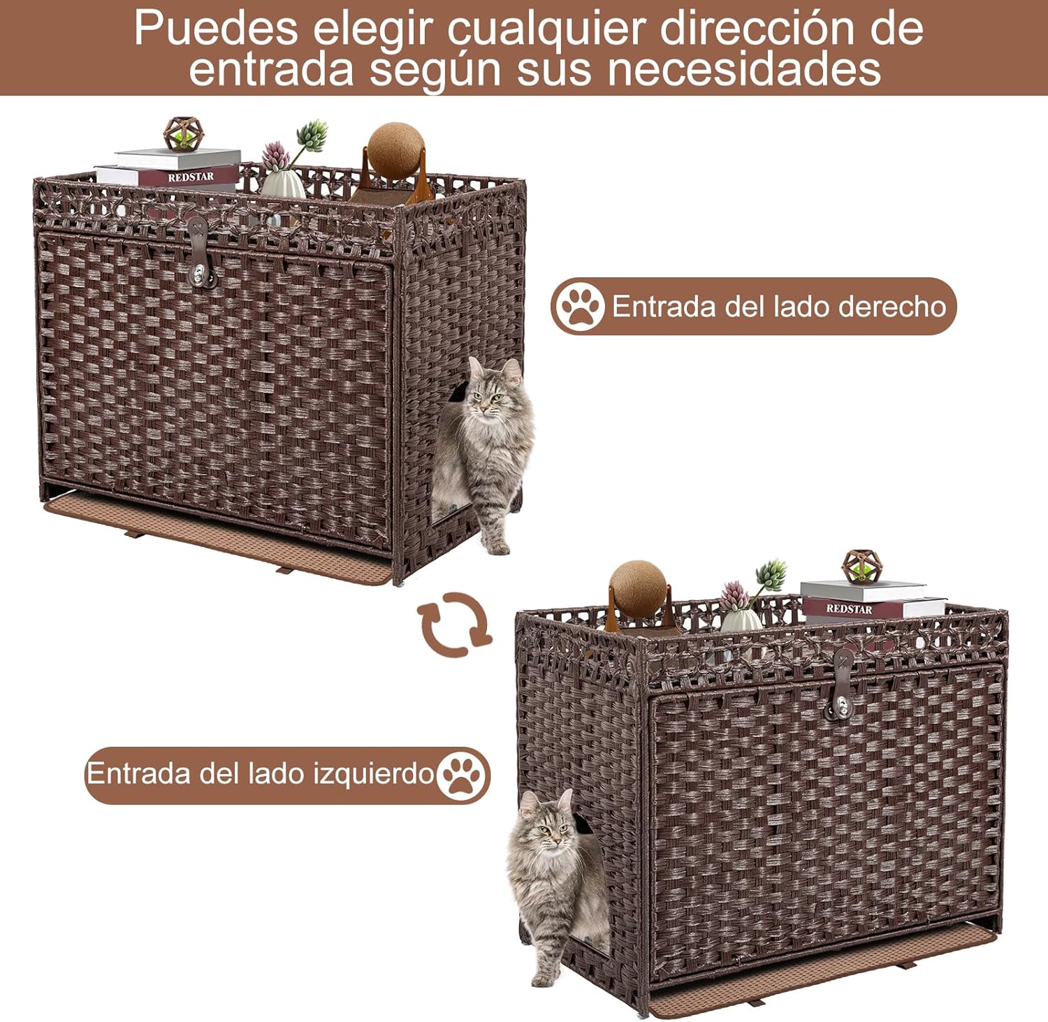 FABATO Large Closed Cat Litter Box - Outdoor Cat House - Side Door for Your Pet - Hand-Woven Rattan Wicker Furniture - Includes Soft Mat (Brown)