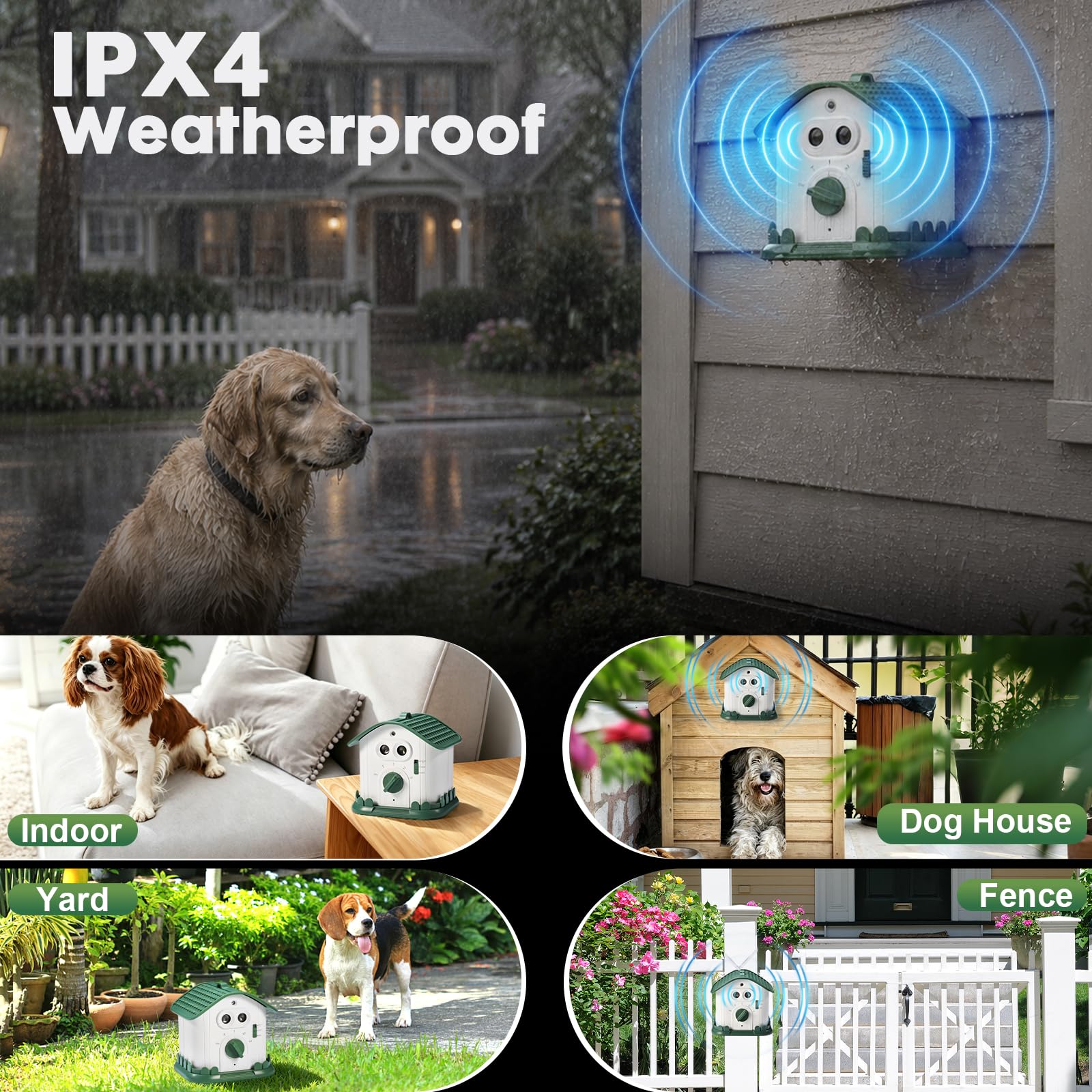 Dispositif anti-aboiement pour chiens, dispositif de dissuasion à ultrasons double cœur, 4 modes de portée de 15 m, silencieux étanche rechargeable pour intérieur et extérieur, outil