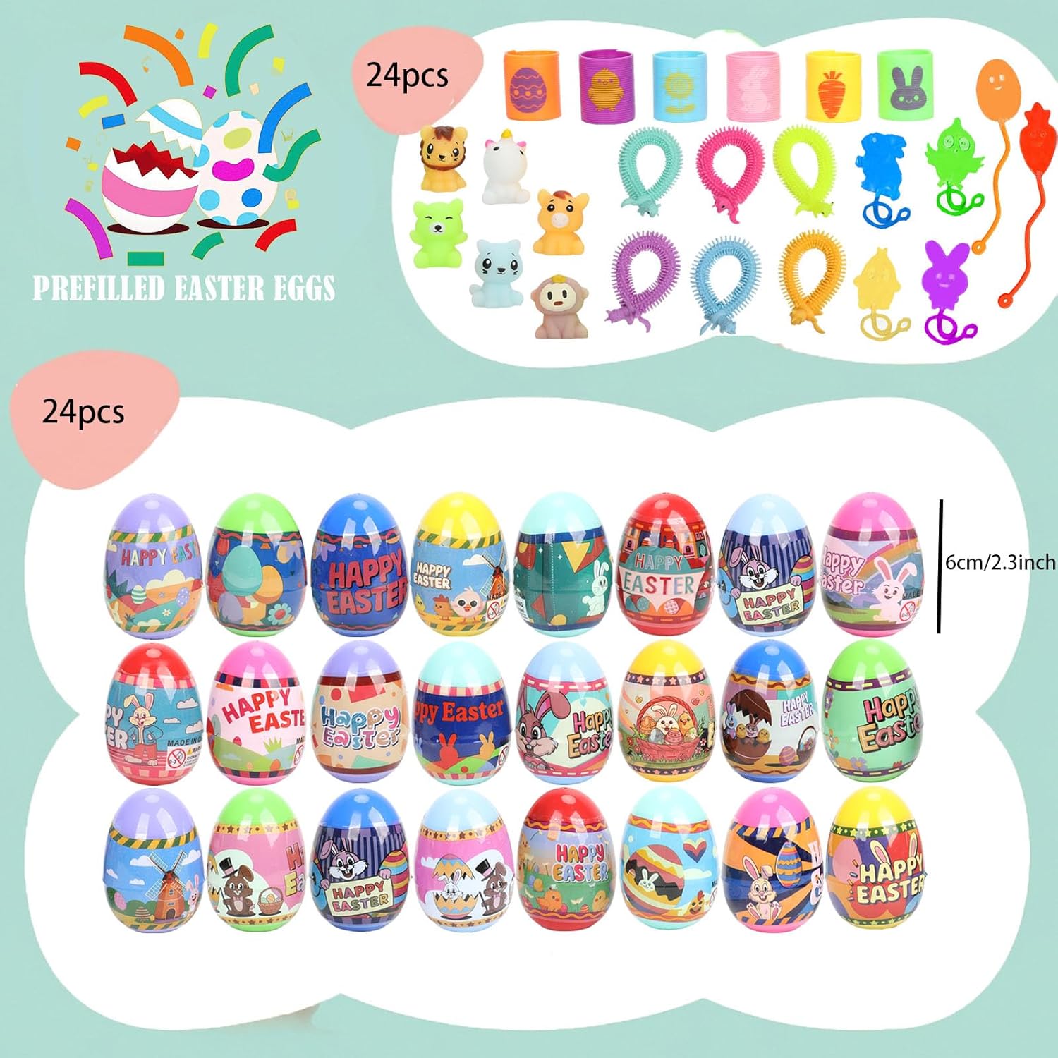VOMAOK 24 Pack Easter Eggs with Toy Inside,Includes Coil Springs,Squishies,Sticky Hands,Stretchy Strings for Easter Basket Stuffers,Party Favors,Egg Hunts