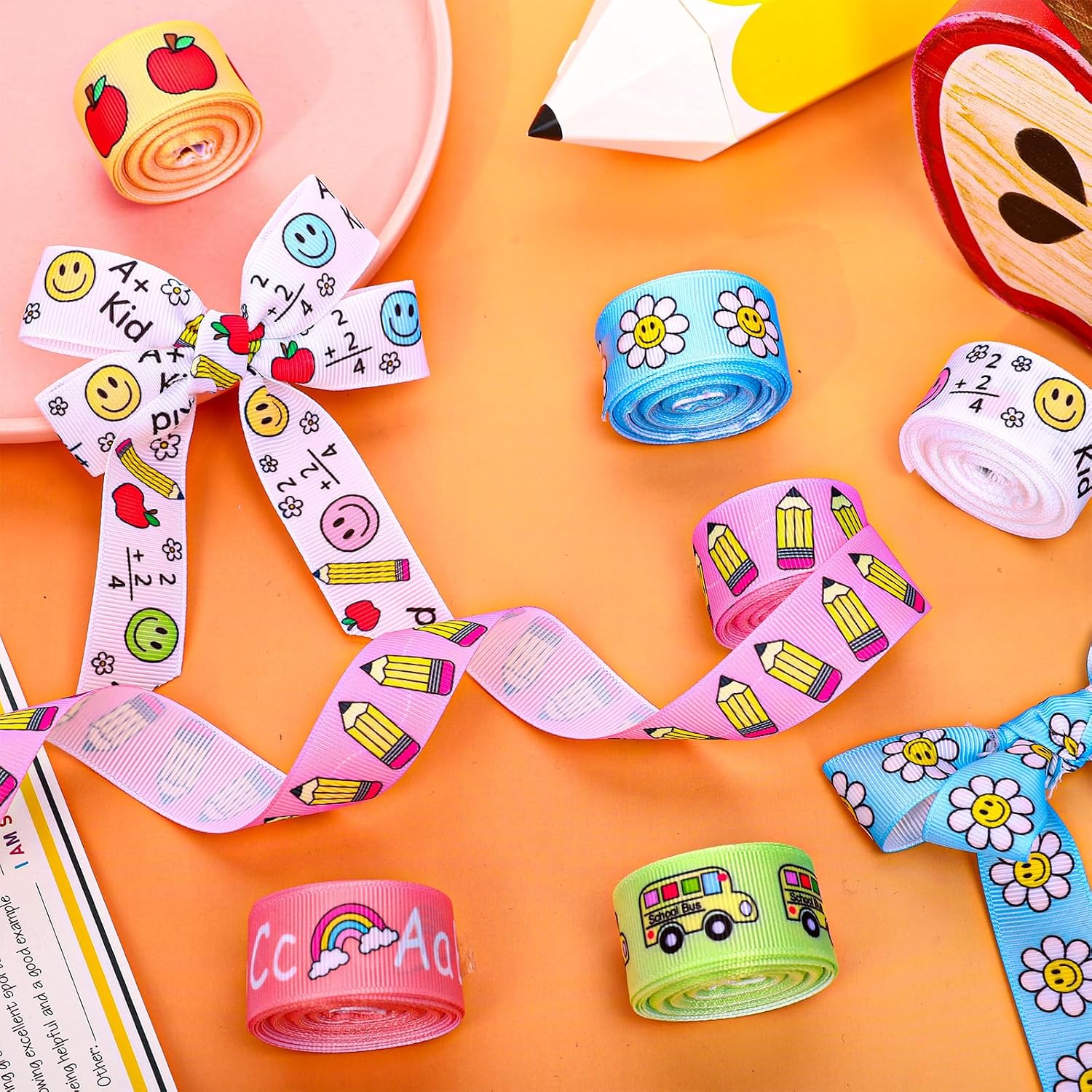 Whaline 6 Rolls Back to School Grosgrain Ribbons Groovy Pastel Fabric Craft Ribbon School Bus Daisy Pencil Apples ABC Ribbon for Wreath Bow Gift Wrap Party Decor, 7/8", 30 Yards
